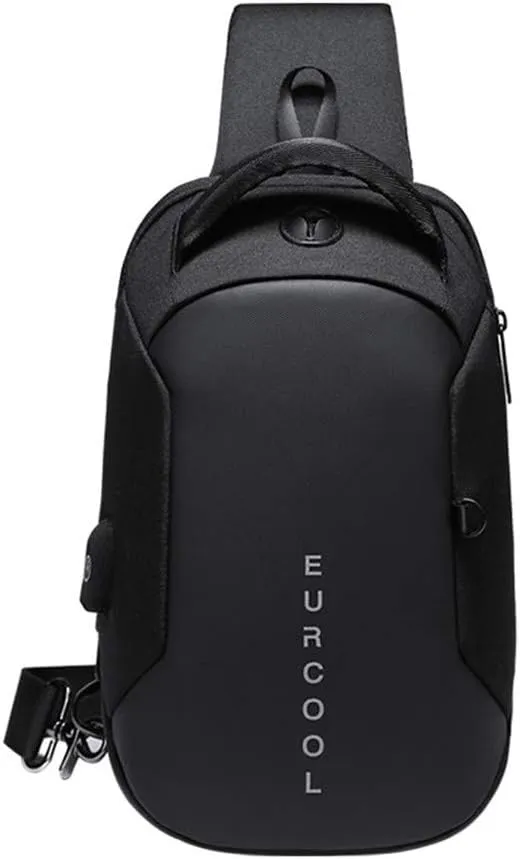 Mens Shoulder Bag,Small Black 10.2 inch Sling Messenger Bags,with USB Port Cross Body Bag,Water Repellent Hiking Biking Chest Daypacks