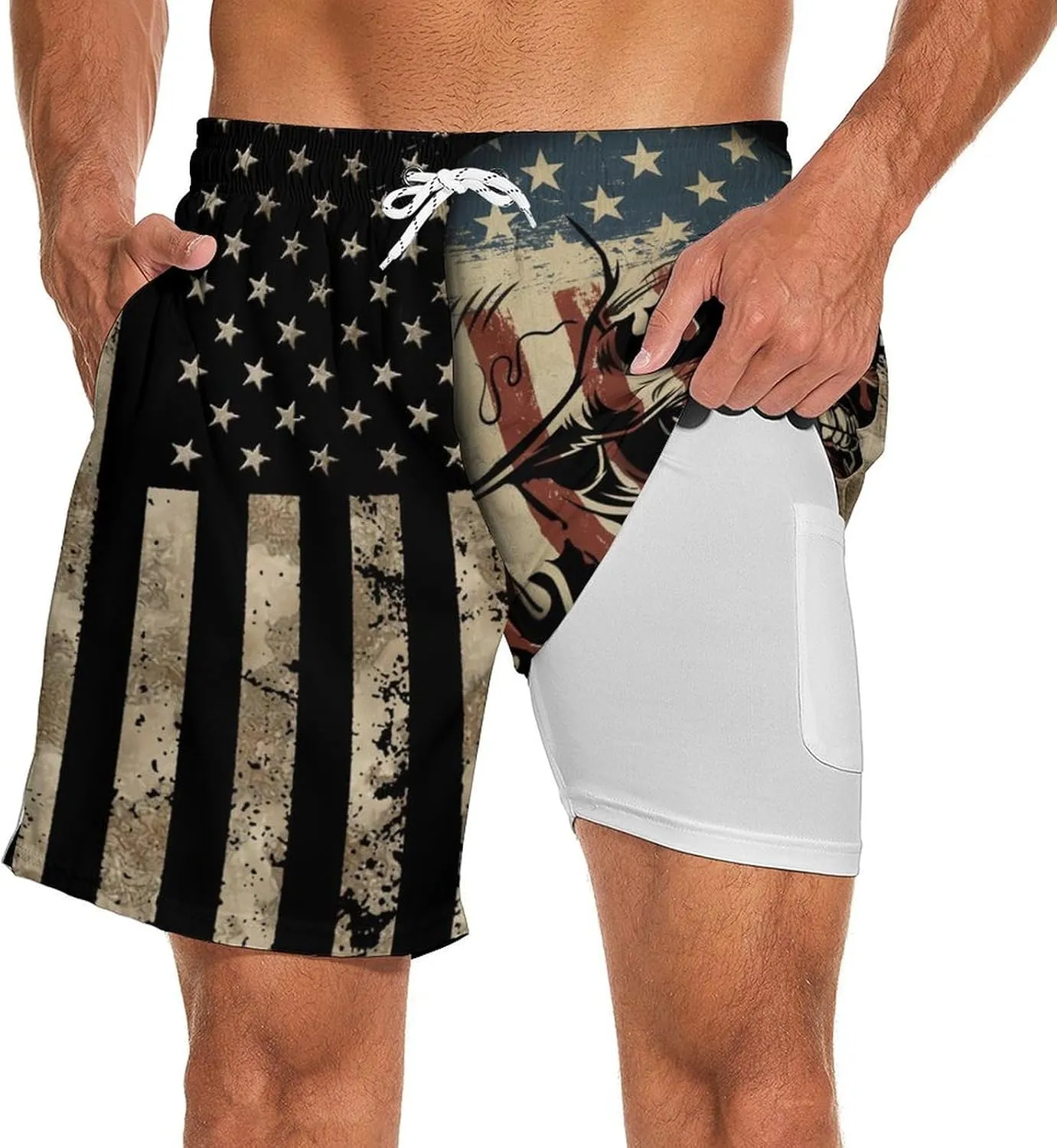 Mens Swim Trunks with Compression Liner 7 Inch Board Shorts Men Bathing Suit 2 in 1 Quick Dry Beach Swimsuits