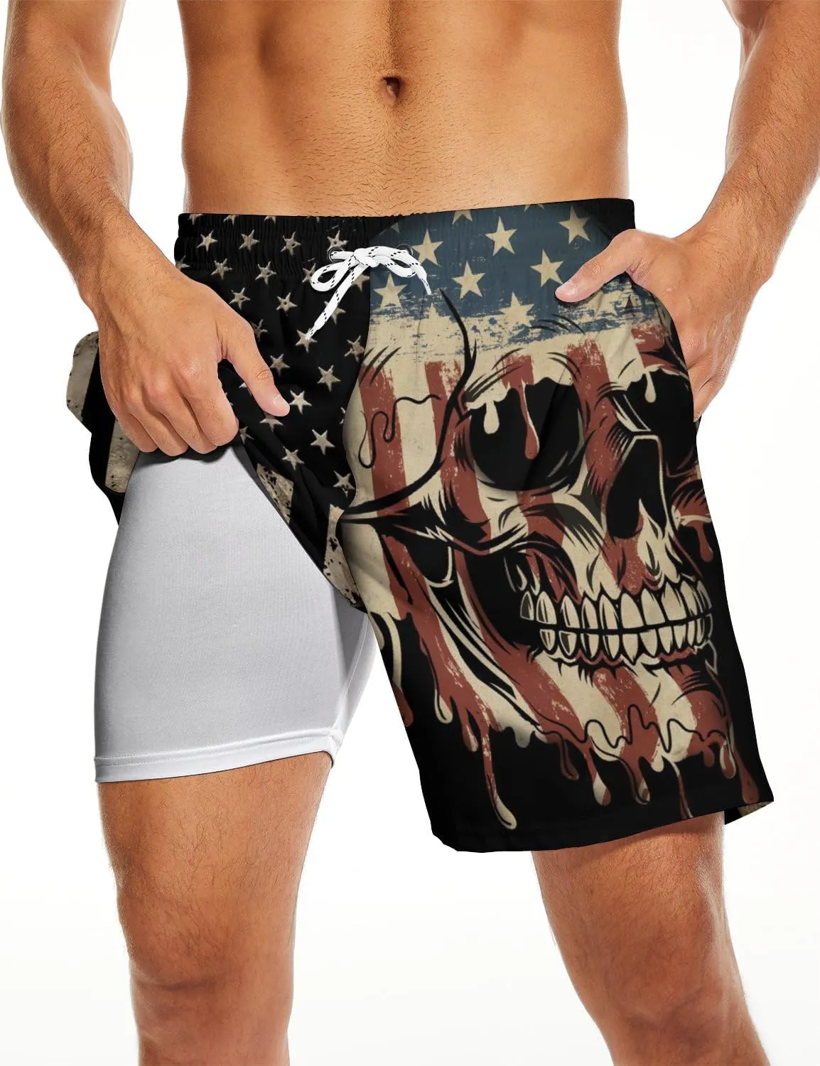 Mens Swim Trunks with Compression Liner 7 Inch Board Shorts Men Bathing Suit 2 in 1 Quick Dry Beach Swimsuits