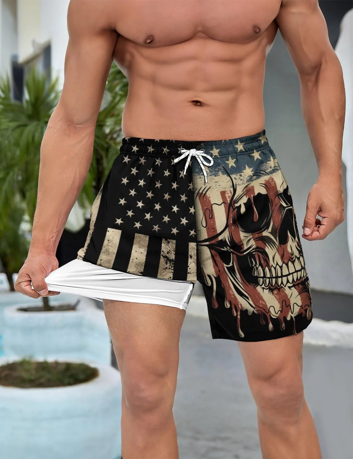 Mens Swim Trunks with Compression Liner 7 Inch Board Shorts Men Bathing Suit 2 in 1 Quick Dry Beach Swimsuits