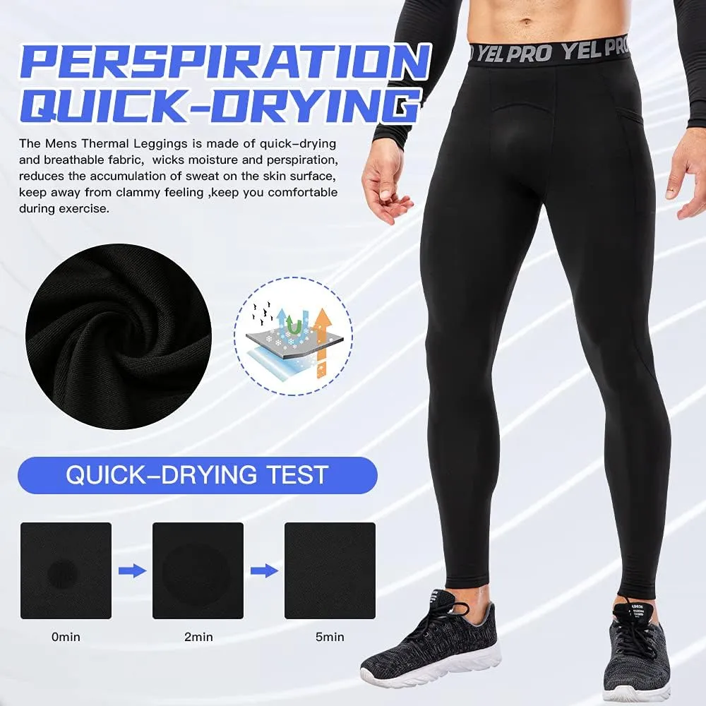 Mens Thermal Pants Underwear Warm Pants with Pocket Running Leggings Trainning Quick Dry Compression Tights Leggings