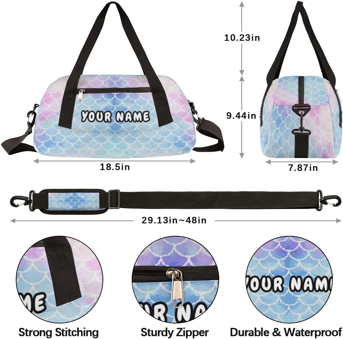 Mermaid Fish Scales Personalized Kids Duffel Bag for Girls, Mermaid Debris Custom Name Dance Bag Overnight Small Duffel Bag Carry On Weekend Sports Travel Bag for School Practice Gymnastics Ballet