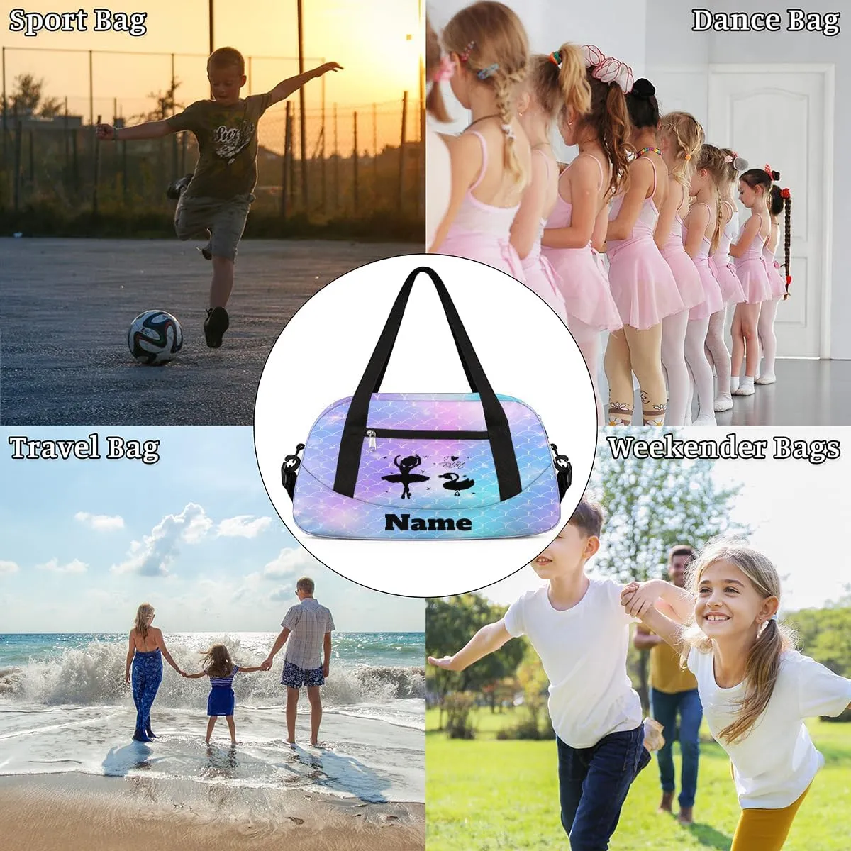 Mermaid Scales Dancing Custom Name Kids Duffel Bags Personalized Customized Gifts Sports Gym Bag Girls Dance Bag Overnight Weekender Sleepover Travel Tote Carry On Bag for Girls