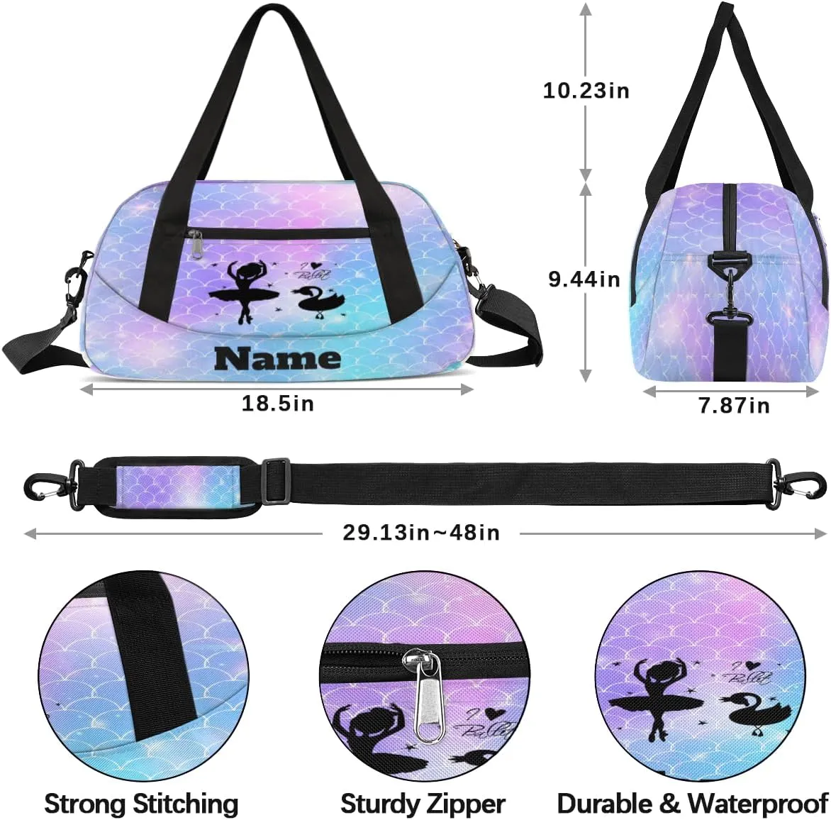 Mermaid Scales Dancing Custom Name Kids Duffel Bags Personalized Customized Gifts Sports Gym Bag Girls Dance Bag Overnight Weekender Sleepover Travel Tote Carry On Bag for Girls