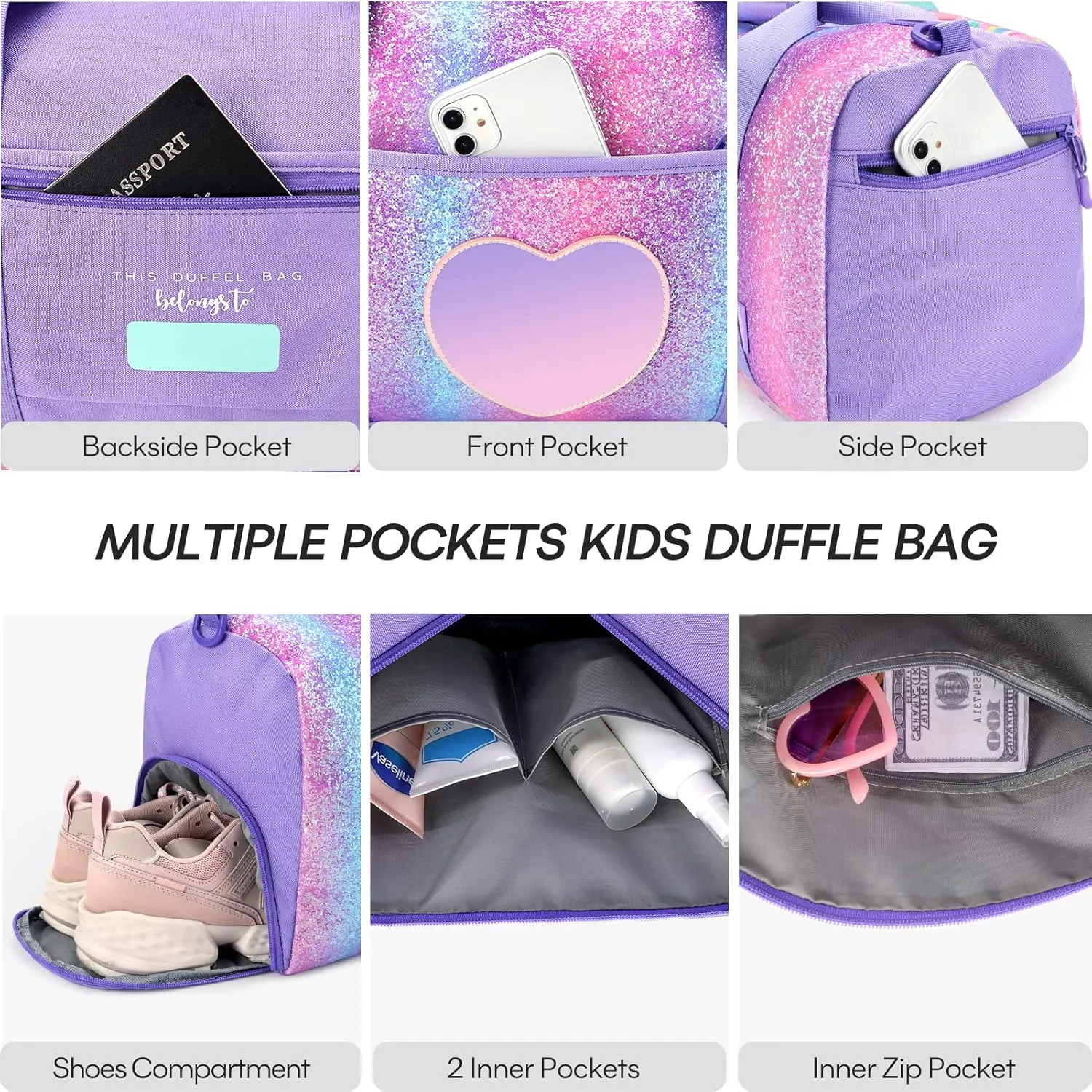 mibasies Dance Bag for Girls Duffle Bag Kids Overnight Travel Sleepover Bags Sport Gym Bag with Shoes Compartment(Chunky Purple Rainbow1)