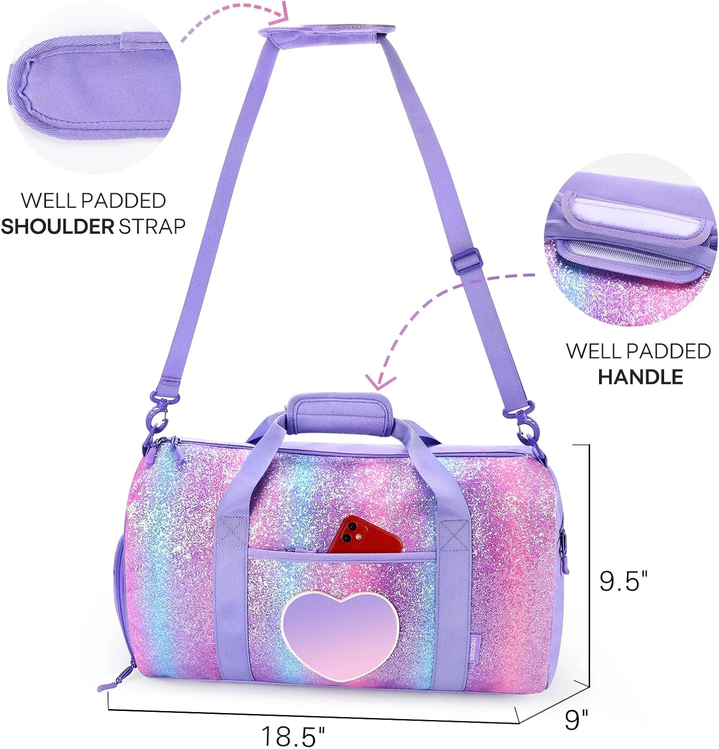mibasies Dance Bag for Girls Duffle Bag Kids Overnight Travel Sleepover Bags Sport Gym Bag with Shoes Compartment(Chunky Purple Rainbow1)