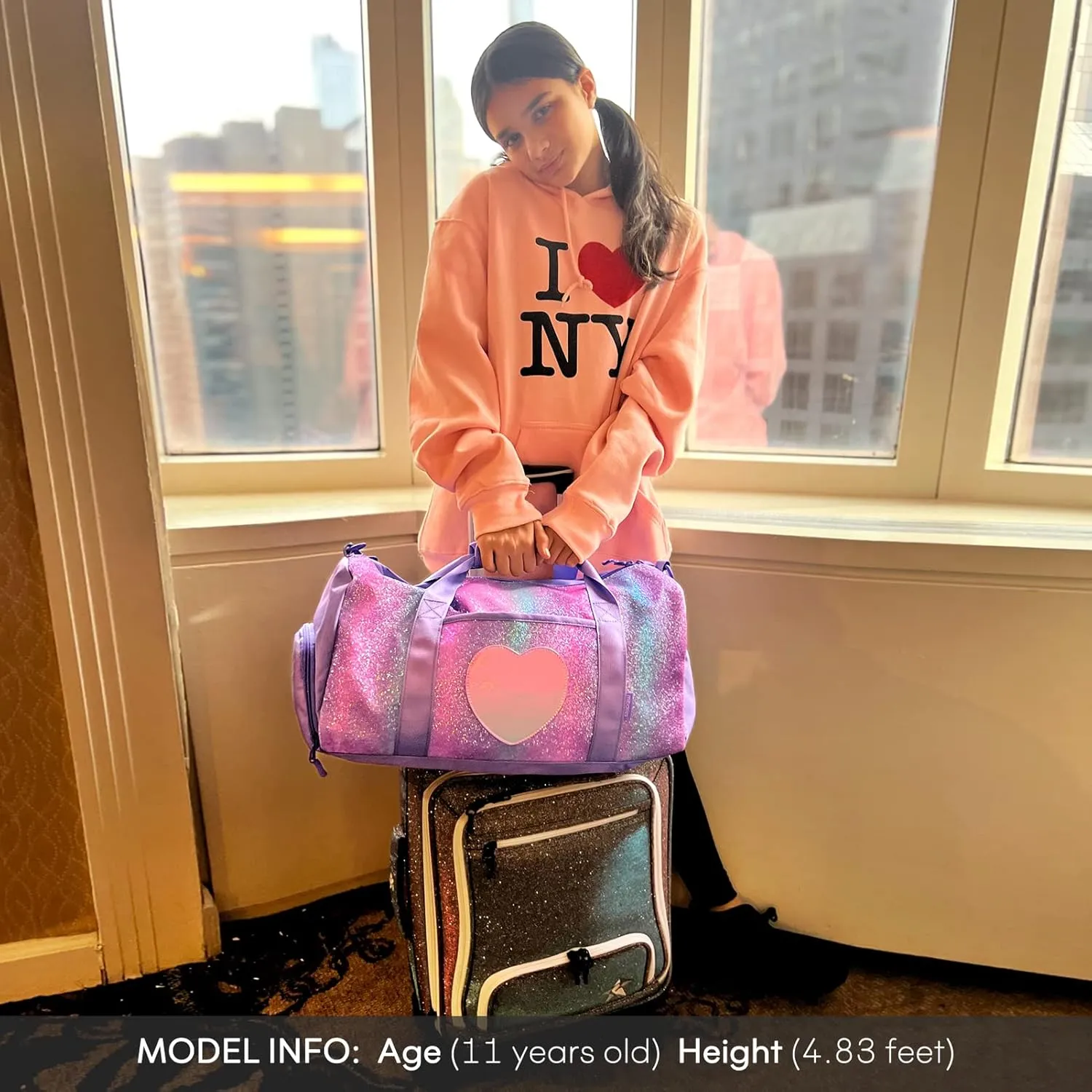 mibasies Dance Bag for Girls Duffle Bag Kids Overnight Travel Sleepover Bags Sport Gym Bag with Shoes Compartment(Chunky Purple Rainbow1)