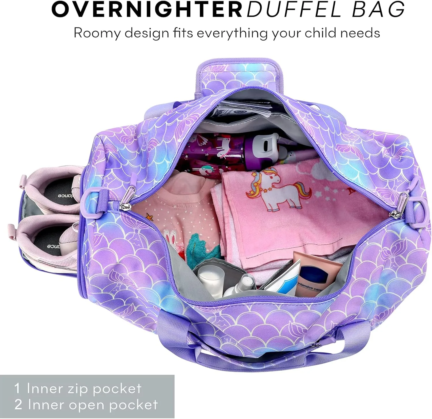 mibasies Dance Bag for Girls Duffle Bag Kids Overnight Travel Sleepover Bags Sport Gym Bag with Shoes Compartment(Chunky Purple Rainbow1)