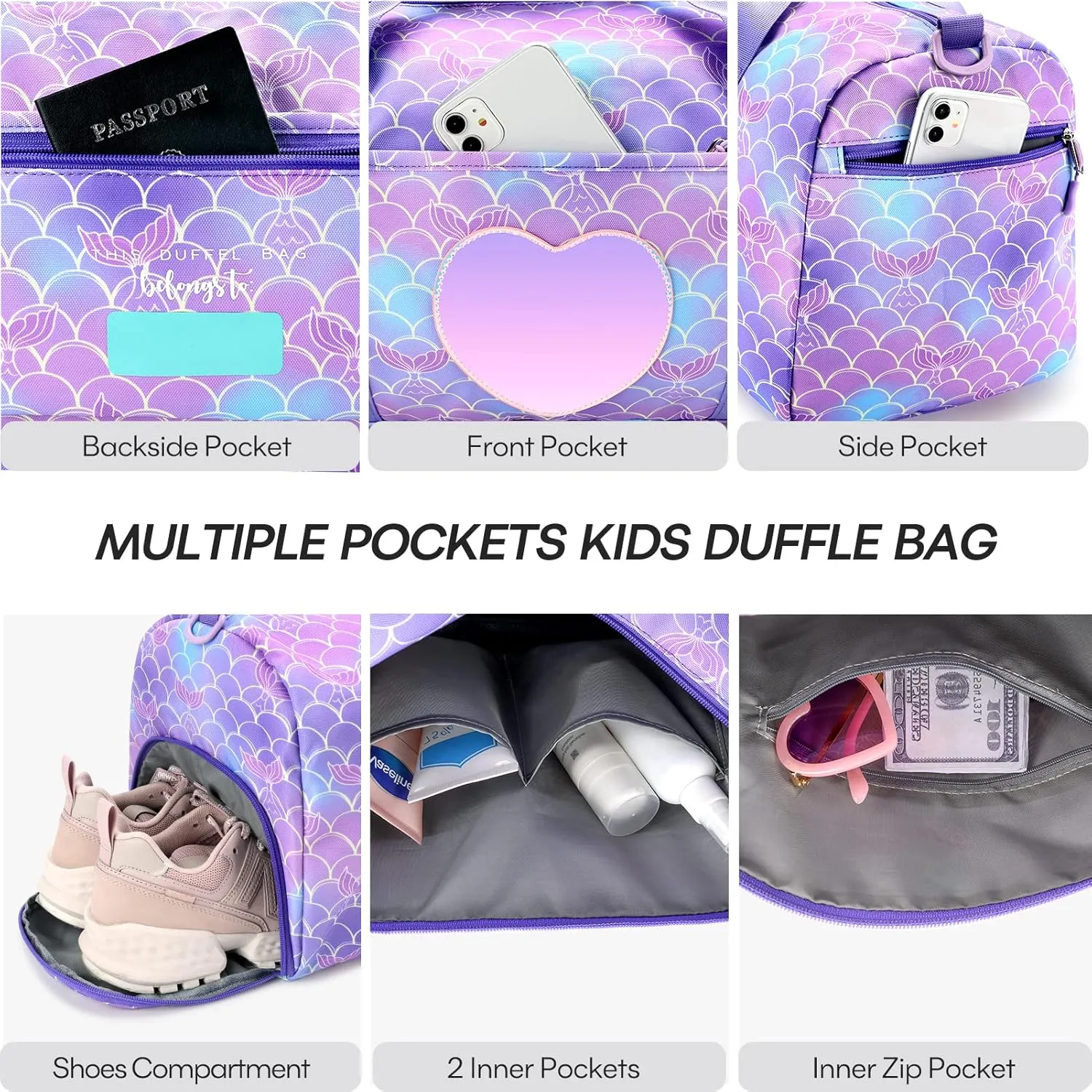 mibasies Dance Bag for Girls Duffle Bag Kids Overnight Travel Sleepover Bags Sport Gym Bag with Shoes Compartment(Mermaid Tail)