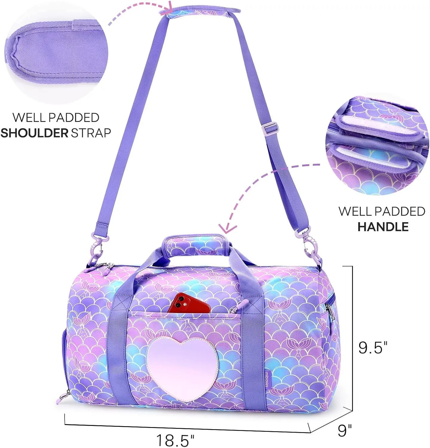 mibasies Dance Bag for Girls Duffle Bag Kids Overnight Travel Sleepover Bags Sport Gym Bag with Shoes Compartment(Mermaid Tail)