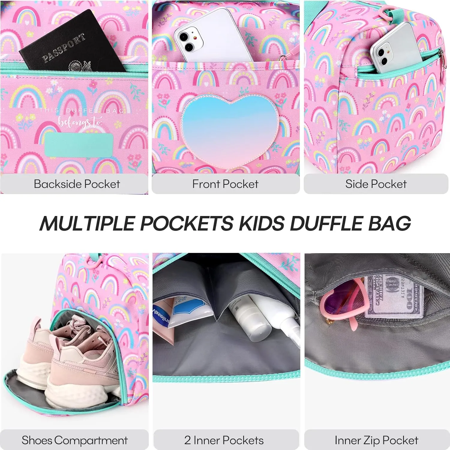 mibasies Dance Bag for Girls Duffle Bag Kids Overnight Travel Sleepover Bags Sport Gym Bag with Shoes Compartment(Rainbow)