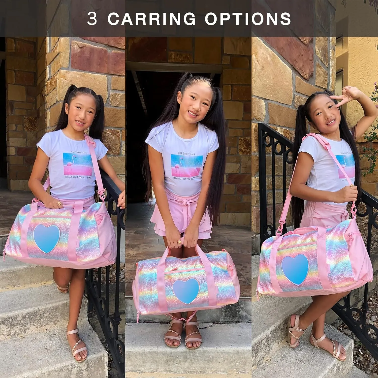 mibasies Dance Bag for Girls Duffle Bag Kids Overnight Travel Sleepover Bags Sport Gym Bag with Shoes Compartment(Rainbow)