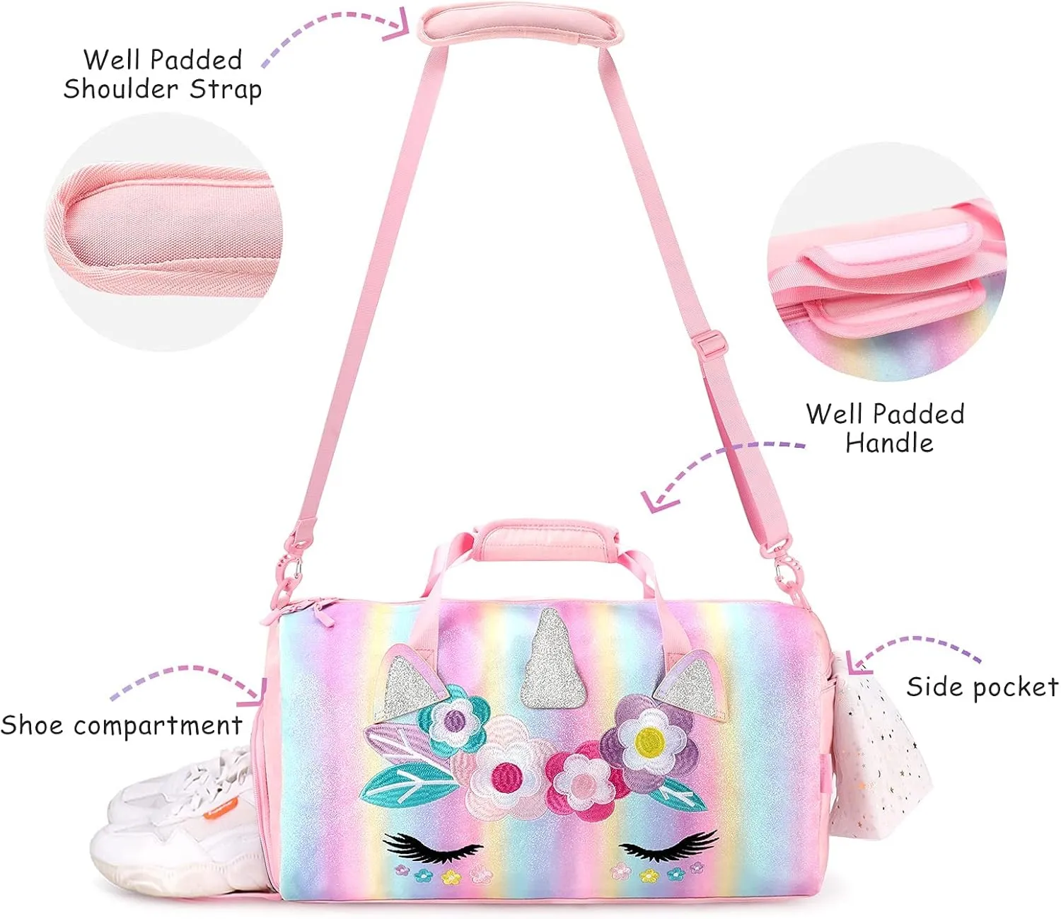 mibasies Dance Bag for Girls Duffle Bag Kids Overnight Travel Sleepover Bags with Shoes Compartment Large