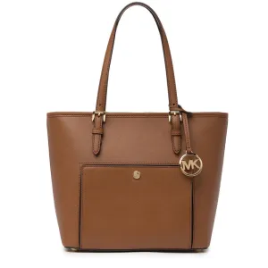Michael Kors Jet Set Medium Top Zip Saffiano Leather Snap Pocket Tote Bag- Luggage