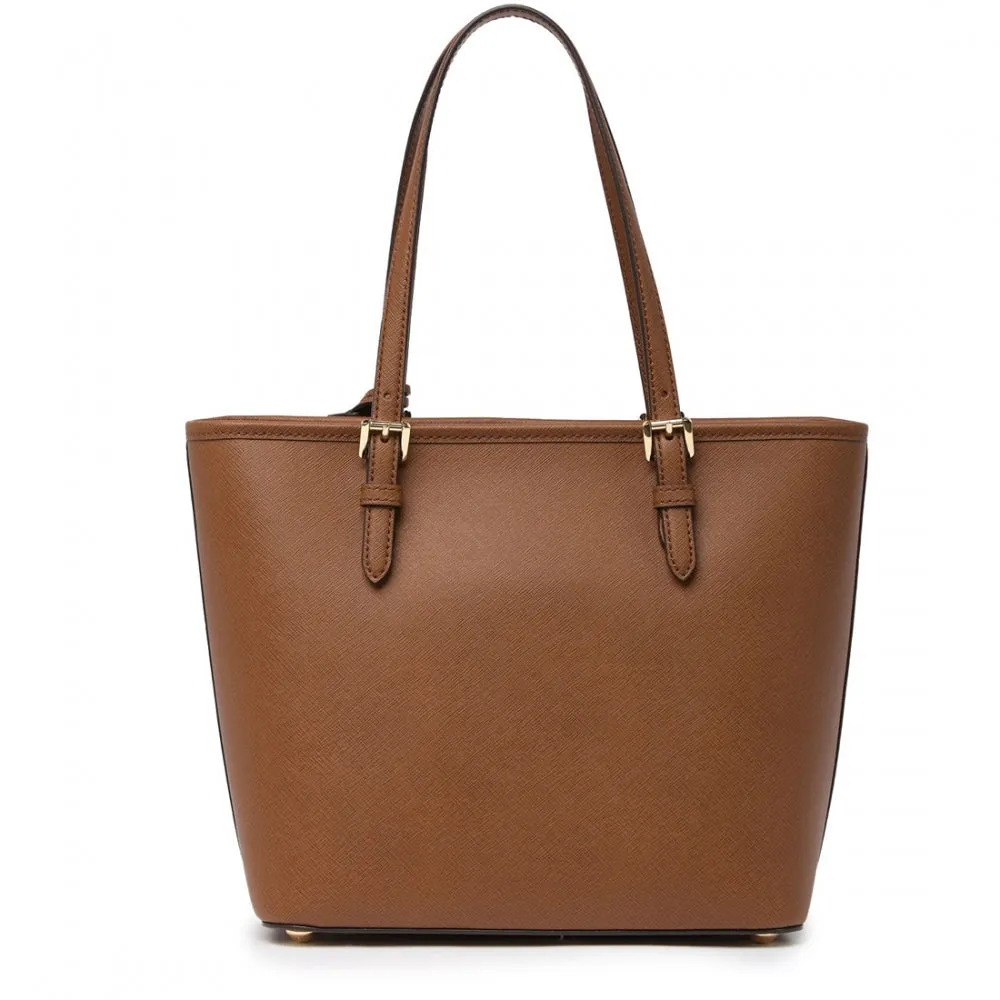 Michael Kors Jet Set Medium Top Zip Saffiano Leather Snap Pocket Tote Bag- Luggage