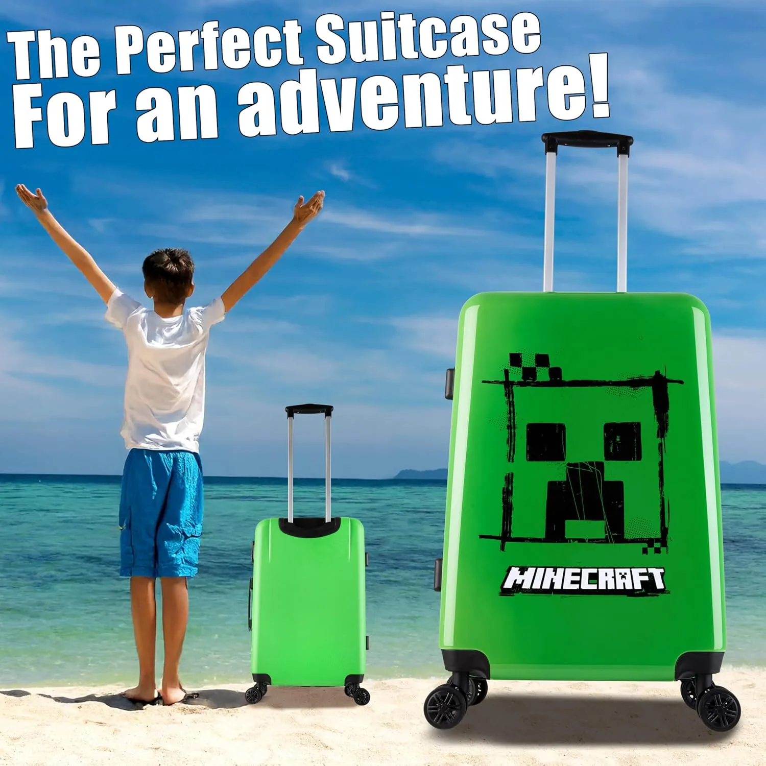 Minecraft Suitcase for Kids Teens Creeper Hard Shell Luggage Rolling Suitcase 4 Wheels & Extendable Handle Travel Essentials for Vacations Trips (Large Green, 26.18" - 46L)