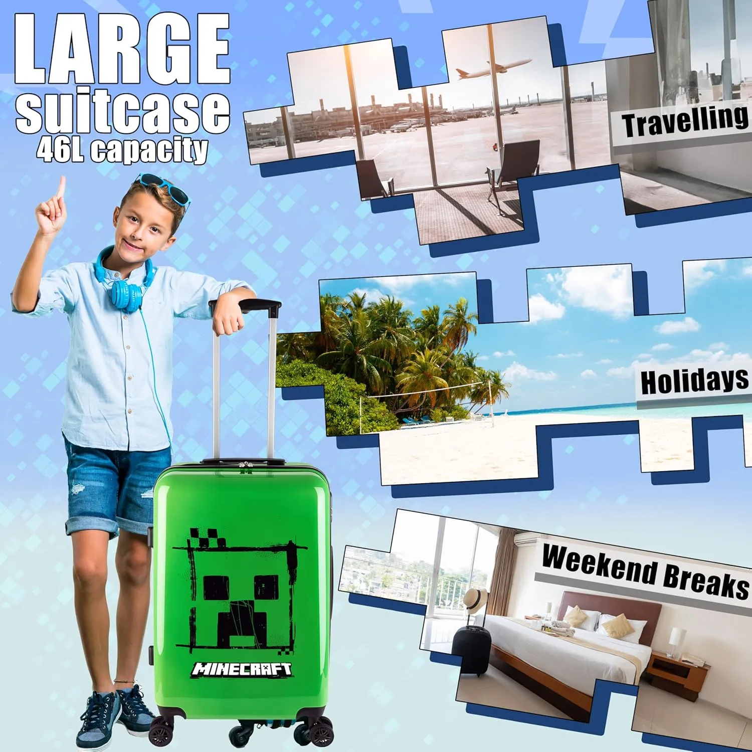Minecraft Suitcase for Kids Teens Creeper Hard Shell Luggage Rolling Suitcase 4 Wheels & Extendable Handle Travel Essentials for Vacations Trips (Large Green, 26.18" - 46L)
