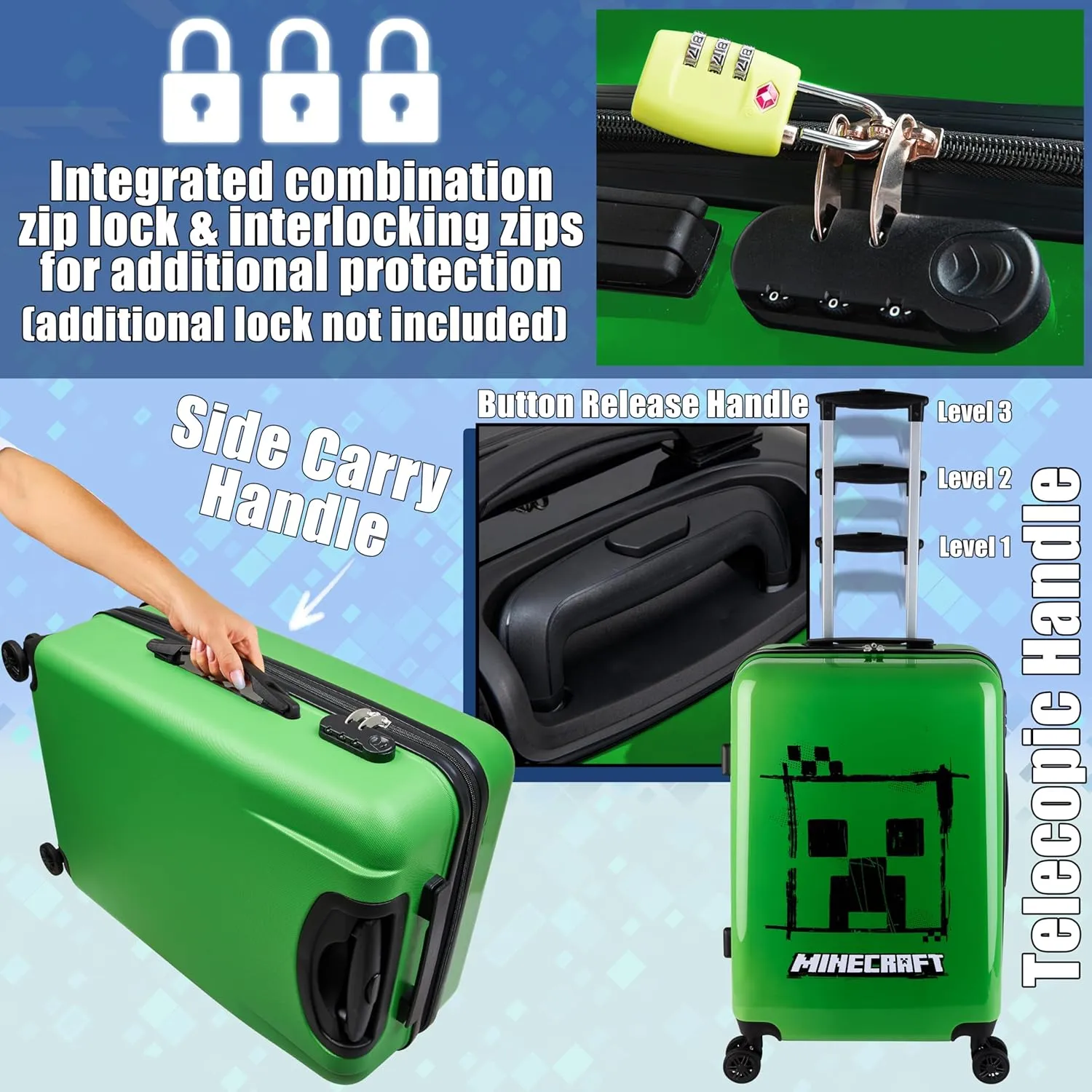 Minecraft Suitcase for Kids Teens Creeper Hard Shell Luggage Rolling Suitcase 4 Wheels & Extendable Handle Travel Essentials for Vacations Trips (Large Green, 26.18" - 46L)