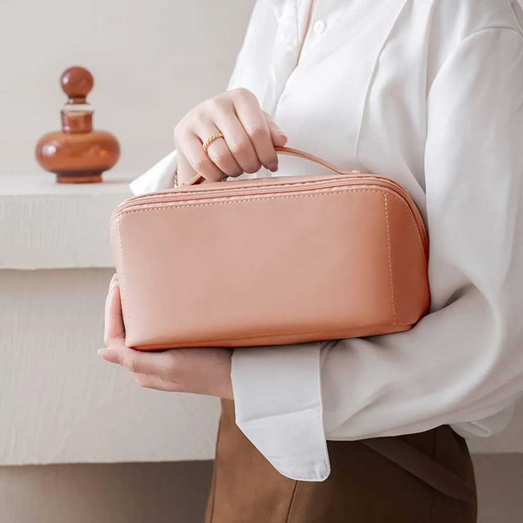 MINGRI Large Capacity Travel Cosmetic Bag for Women,Portable PU Leather Makeup Bag Water Resistant,Flat Open Multifunctional Storage Travel Toiletry Bag with Divider and Handle (Soft pink)