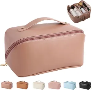 MINGRI Large Capacity Travel Cosmetic Bag for Women,Portable PU Leather Makeup Bag Water Resistant,Flat Open Multifunctional Storage Travel Toiletry Bag with Divider and Handle (Soft pink)