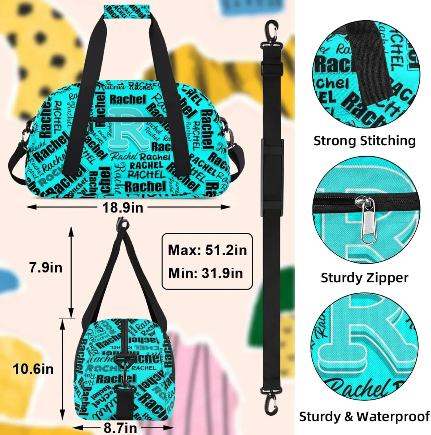 Mini Sports Duffel Bag Waterproof Custom Women Small Gym Bag 18 inch for Men Carry on Overnight Travel Tote Bag Cyan