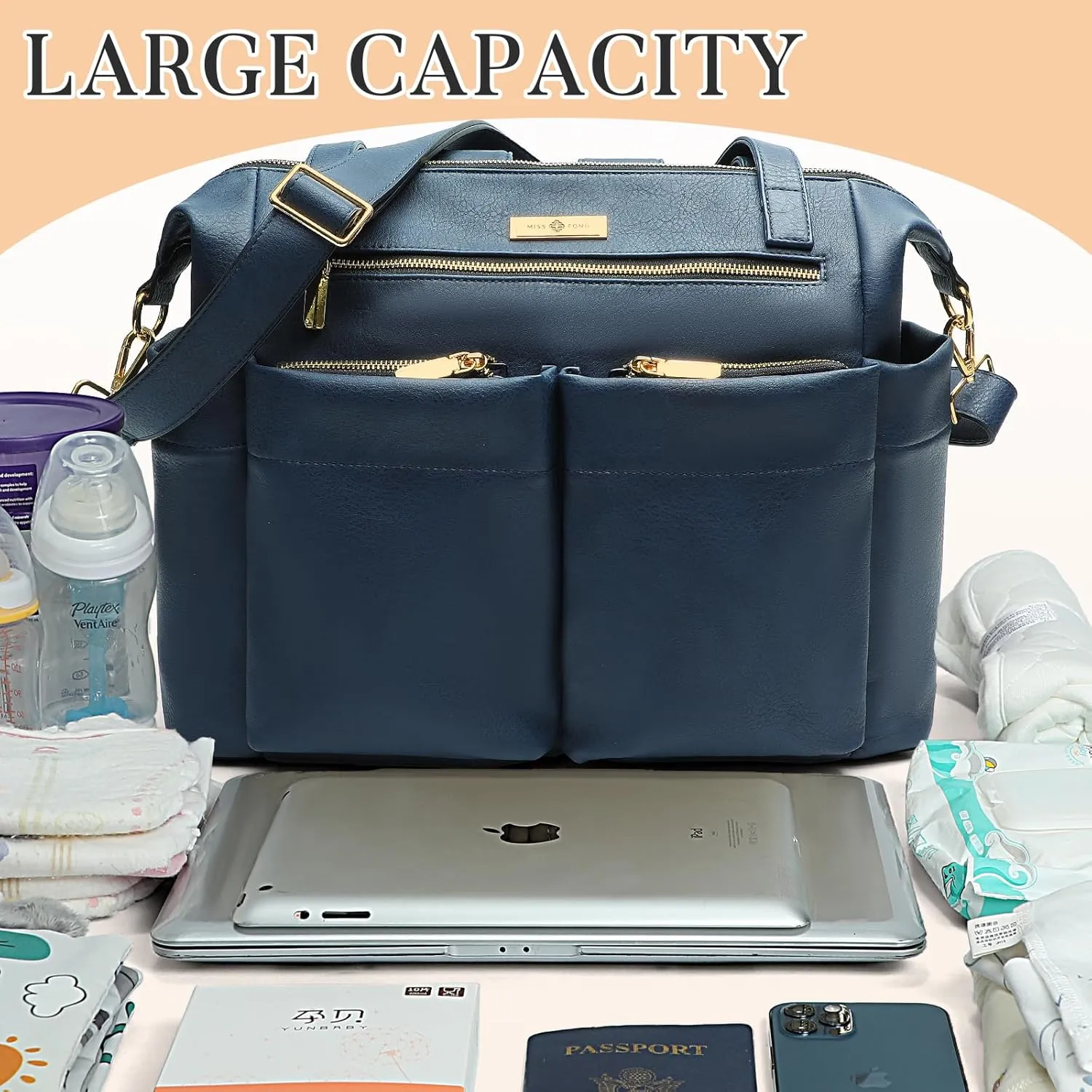 Miss Fong Leather Diaper Tote Backpack - Large Diaper Bag with 11 Organizers, Changing Pad, Stroller Straps, 4 Insulated Pockets