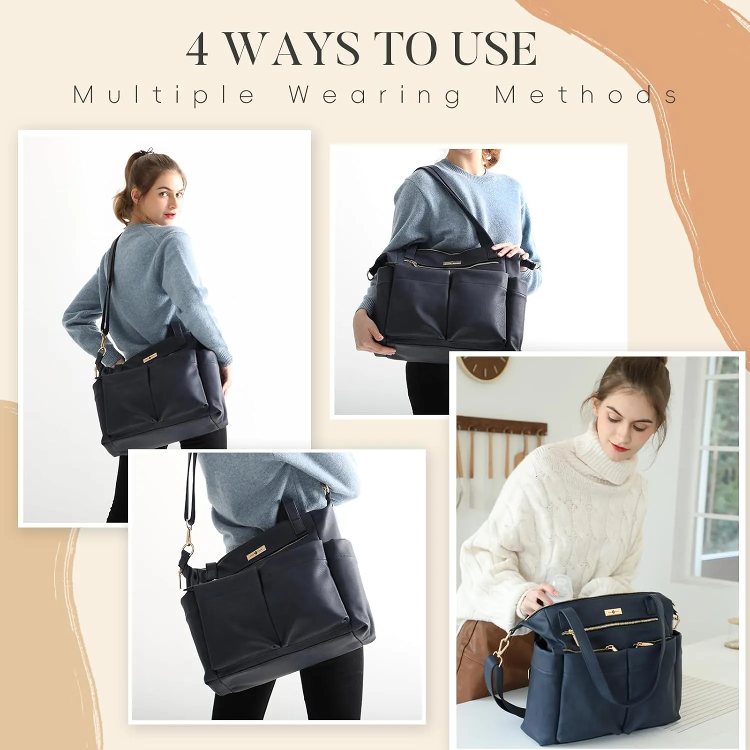 Miss Fong Leather Diaper Tote Backpack - Large Diaper Bag with 11 Organizers, Changing Pad, Stroller Straps, 4 Insulated Pockets