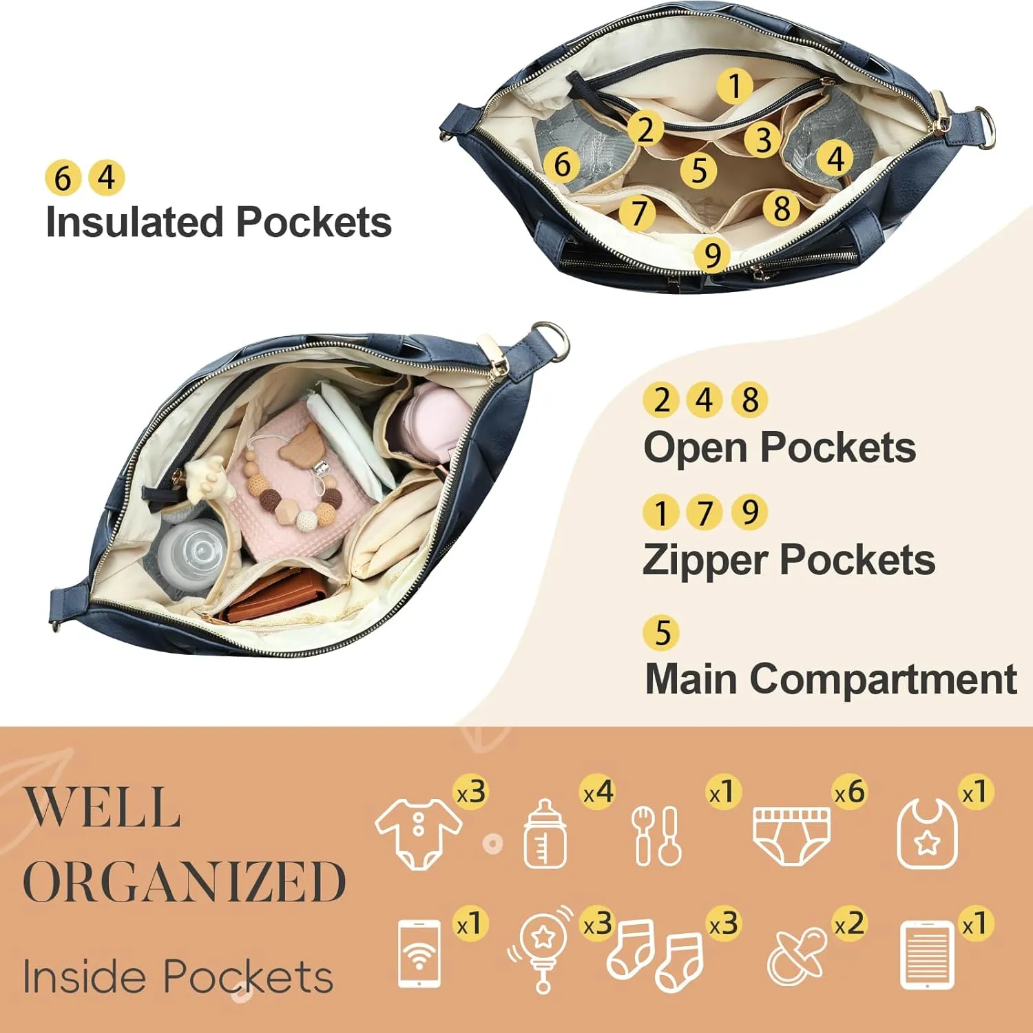 Miss Fong Leather Diaper Tote Backpack - Large Diaper Bag with 11 Organizers, Changing Pad, Stroller Straps, 4 Insulated Pockets