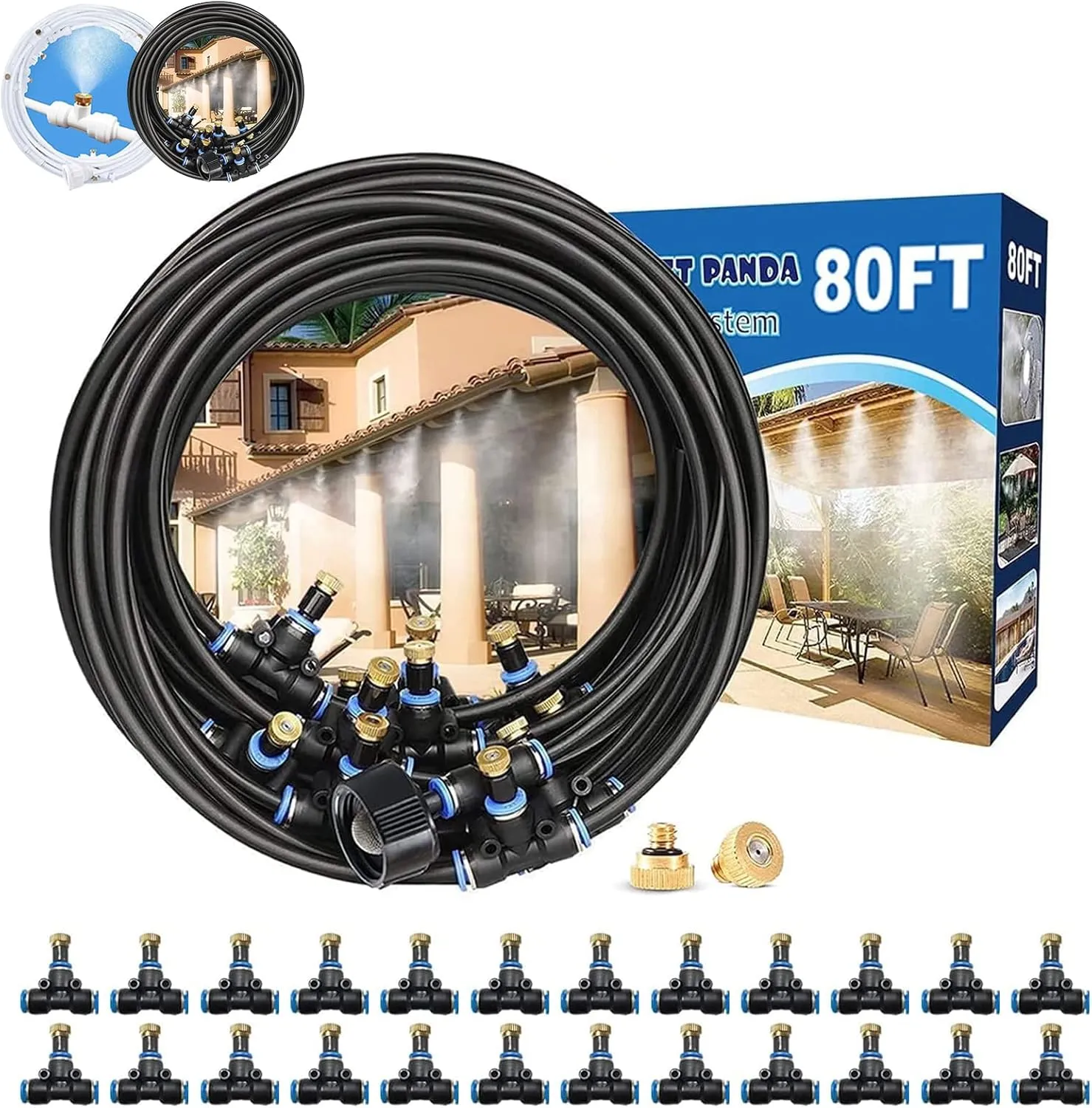 Misting System for Patio 80FT(24M), Water Misters for Cooling Outdoor, Backyard Misters for Outside Patios, Garden, Greenhouse, Deck, Umbrella, Canopy, Pool, Porch,Trampoline Sprinkler,BBQ Accessories