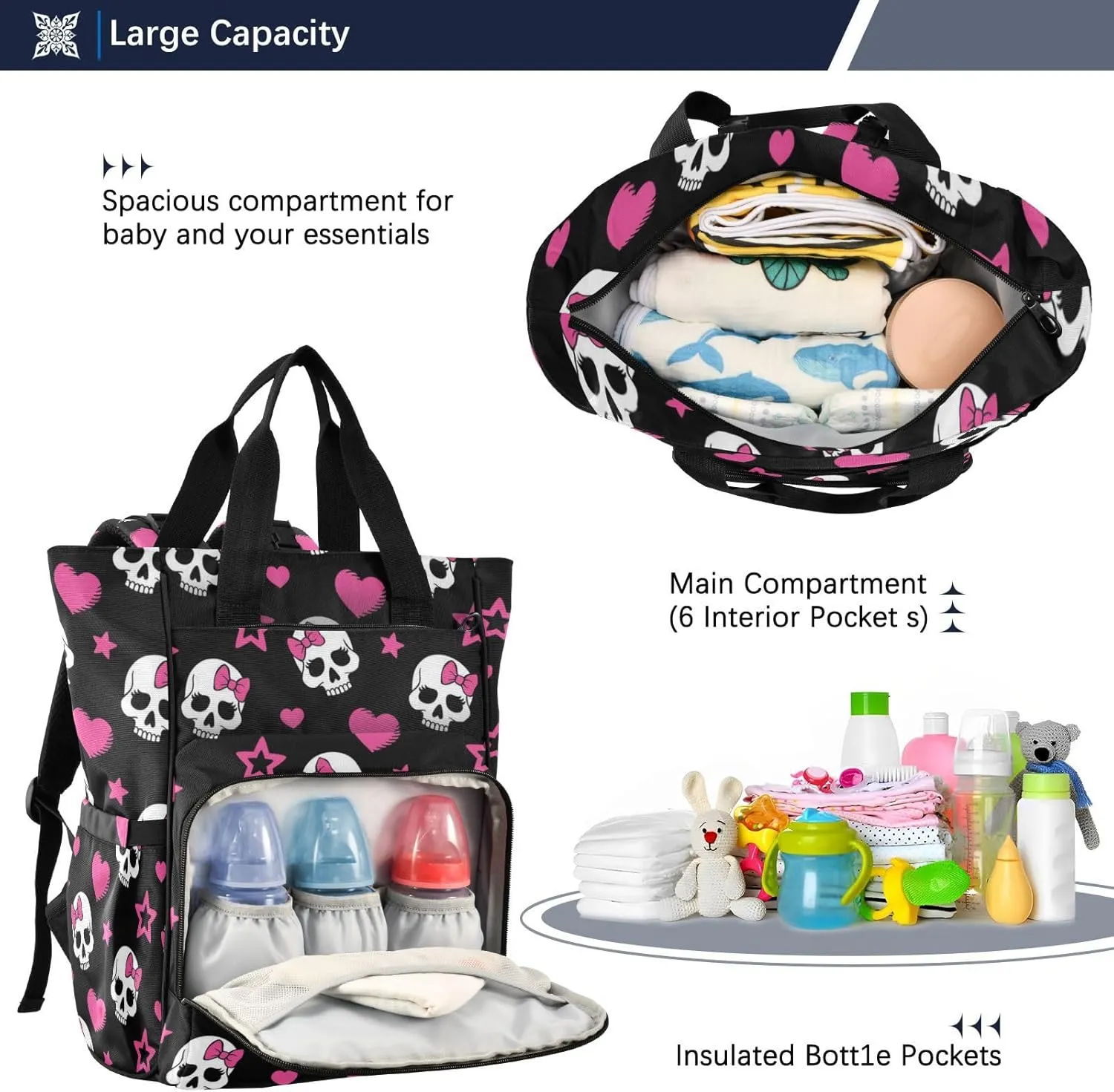 MNSRUU Diaper Bag Pink Hearts and Skulls Diaper Bag Backpack Multifunction Travel Diaper Bag Tote Large Capacity Diaper Changing Backpacks for Moms Dads