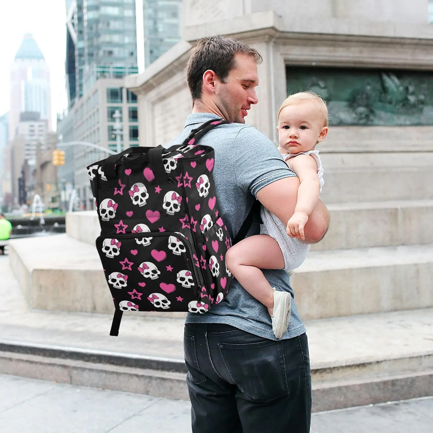MNSRUU Diaper Bag Pink Hearts and Skulls Diaper Bag Backpack Multifunction Travel Diaper Bag Tote Large Capacity Diaper Changing Backpacks for Moms Dads