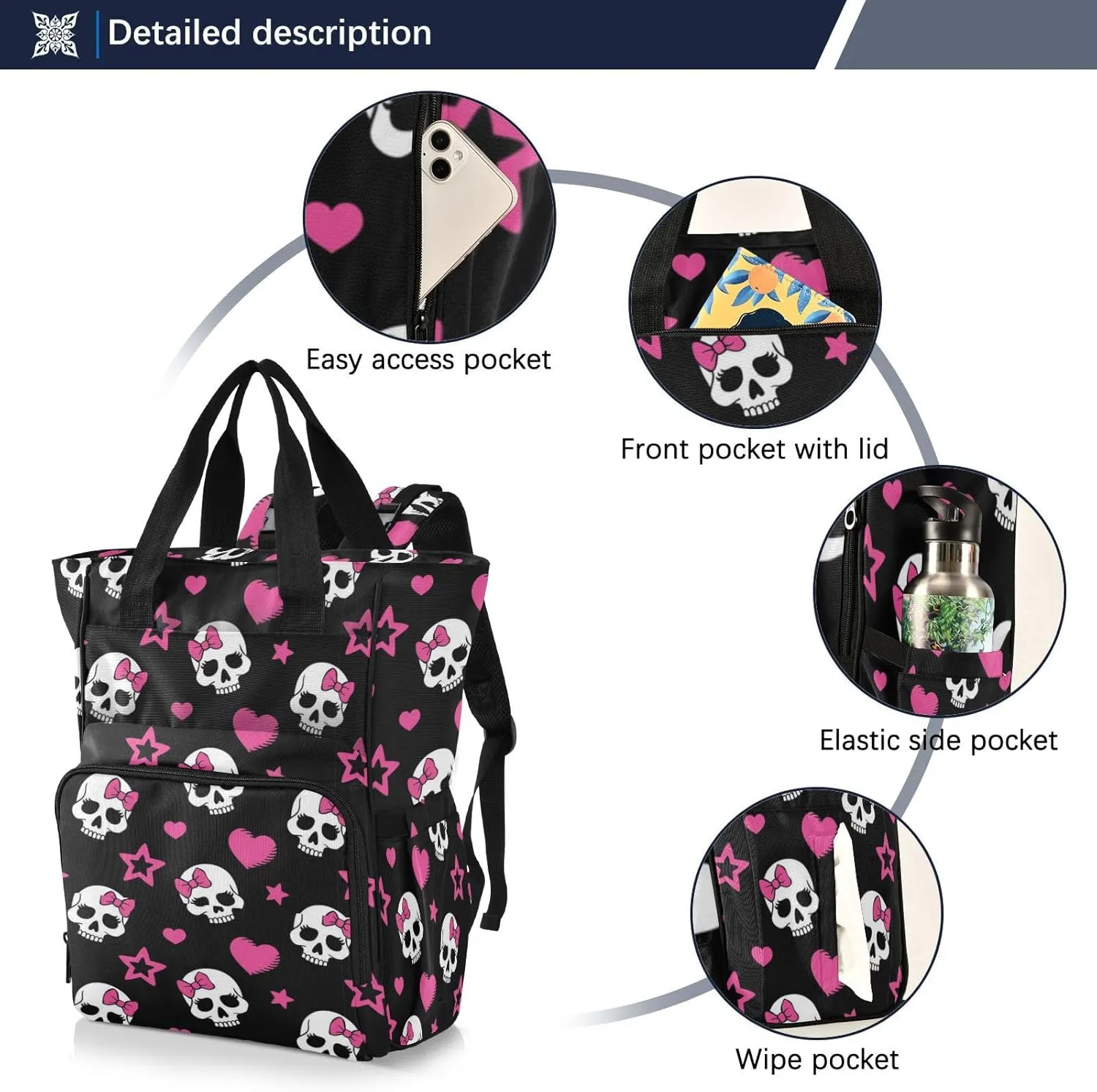 MNSRUU Diaper Bag Pink Hearts and Skulls Diaper Bag Backpack Multifunction Travel Diaper Bag Tote Large Capacity Diaper Changing Backpacks for Moms Dads