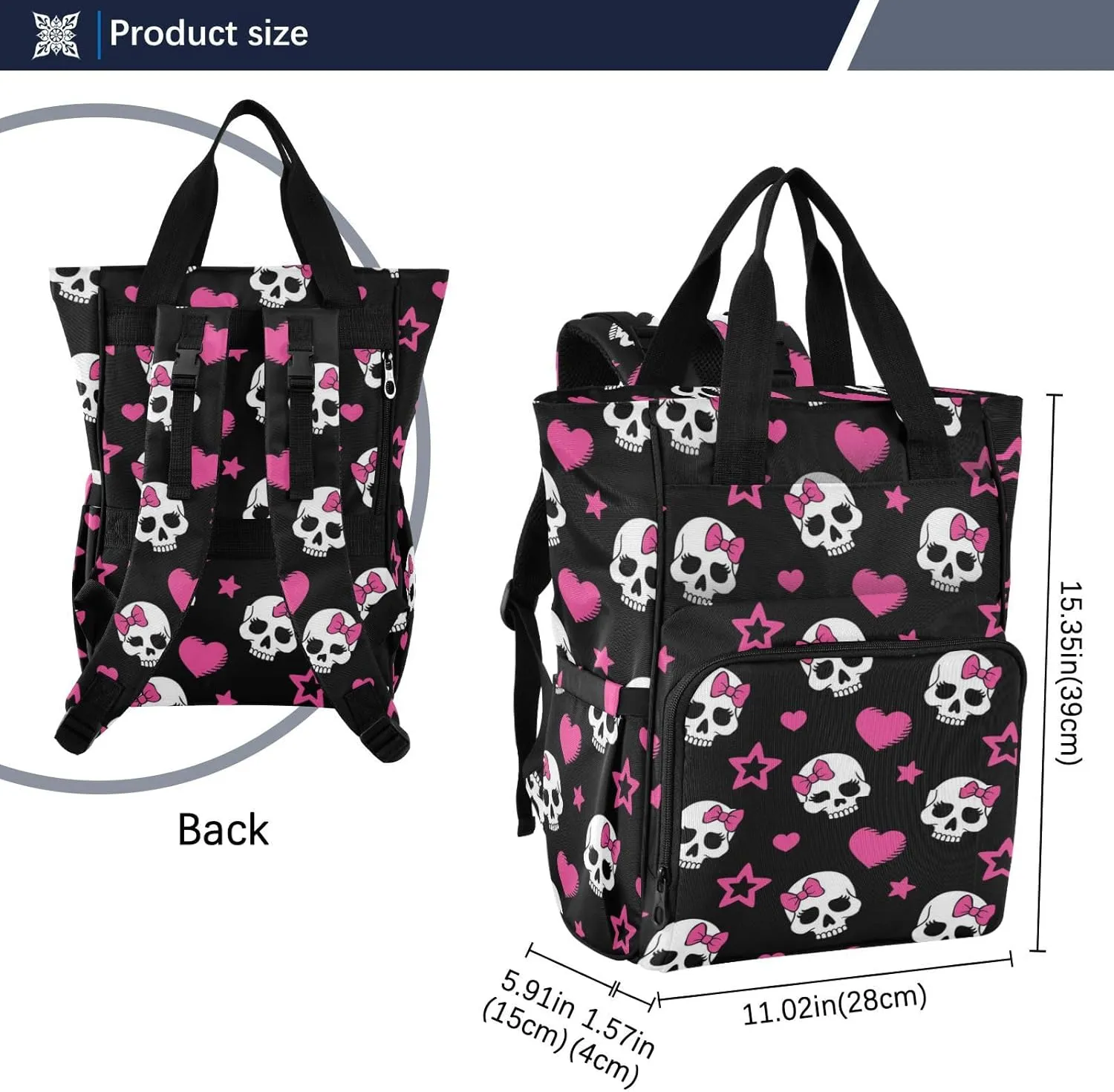 MNSRUU Diaper Bag Pink Hearts and Skulls Diaper Bag Backpack Multifunction Travel Diaper Bag Tote Large Capacity Diaper Changing Backpacks for Moms Dads