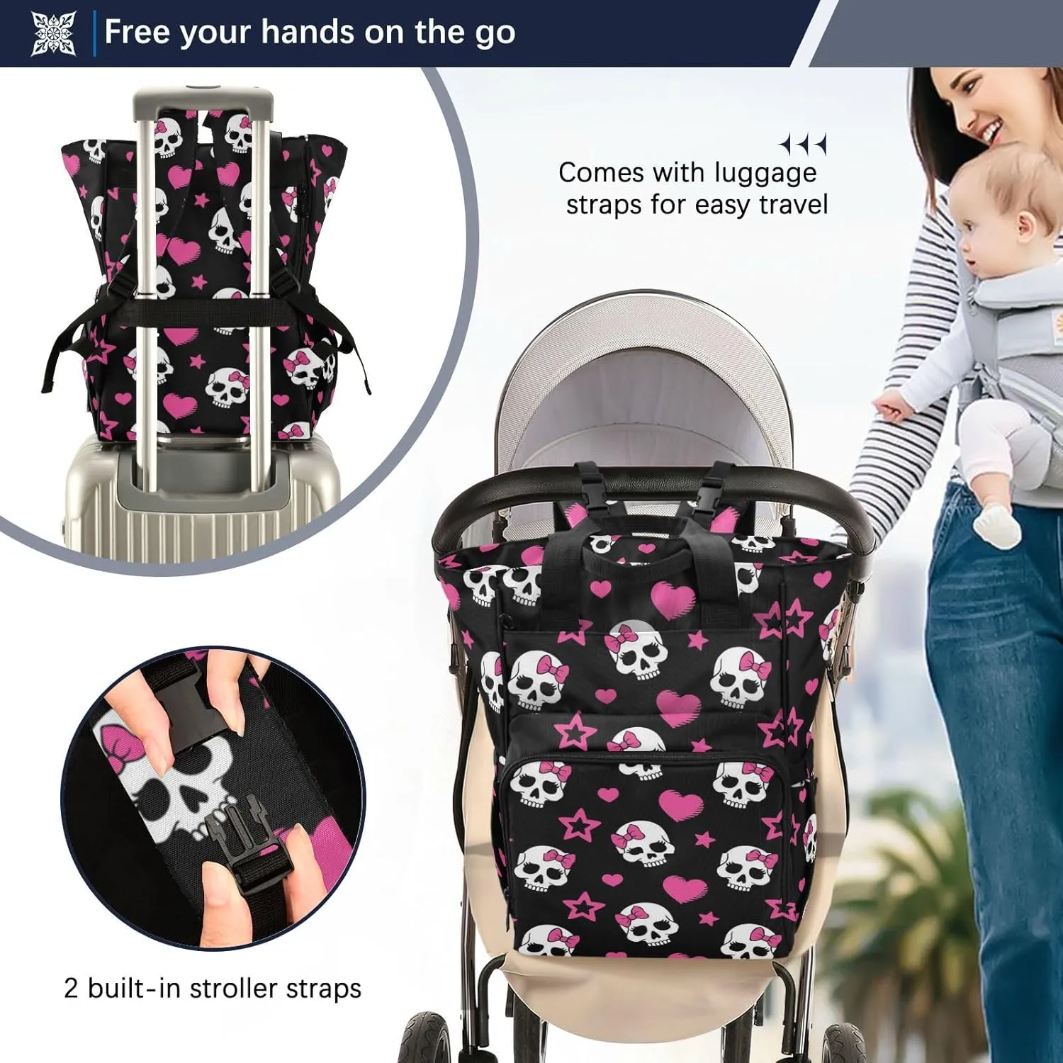 MNSRUU Diaper Bag Pink Hearts and Skulls Diaper Bag Backpack Multifunction Travel Diaper Bag Tote Large Capacity Diaper Changing Backpacks for Moms Dads