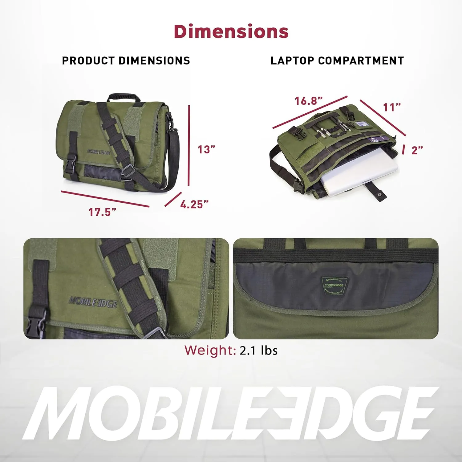 Mobile Edge ECO Laptop Messenger Bag for Men and Women, Fits Up To 17.3 Inch Laptops, Cotton Canvas, Olive Green, MECME9