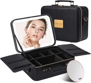 Mocado Travel Makeup Bag with LED Lighted Mirror,Makeup Case with 3 Color Lighted Setting and 10x Magnifying Mirror, Portable Storage and Adjustable Dividers (Black with Hard Leather)