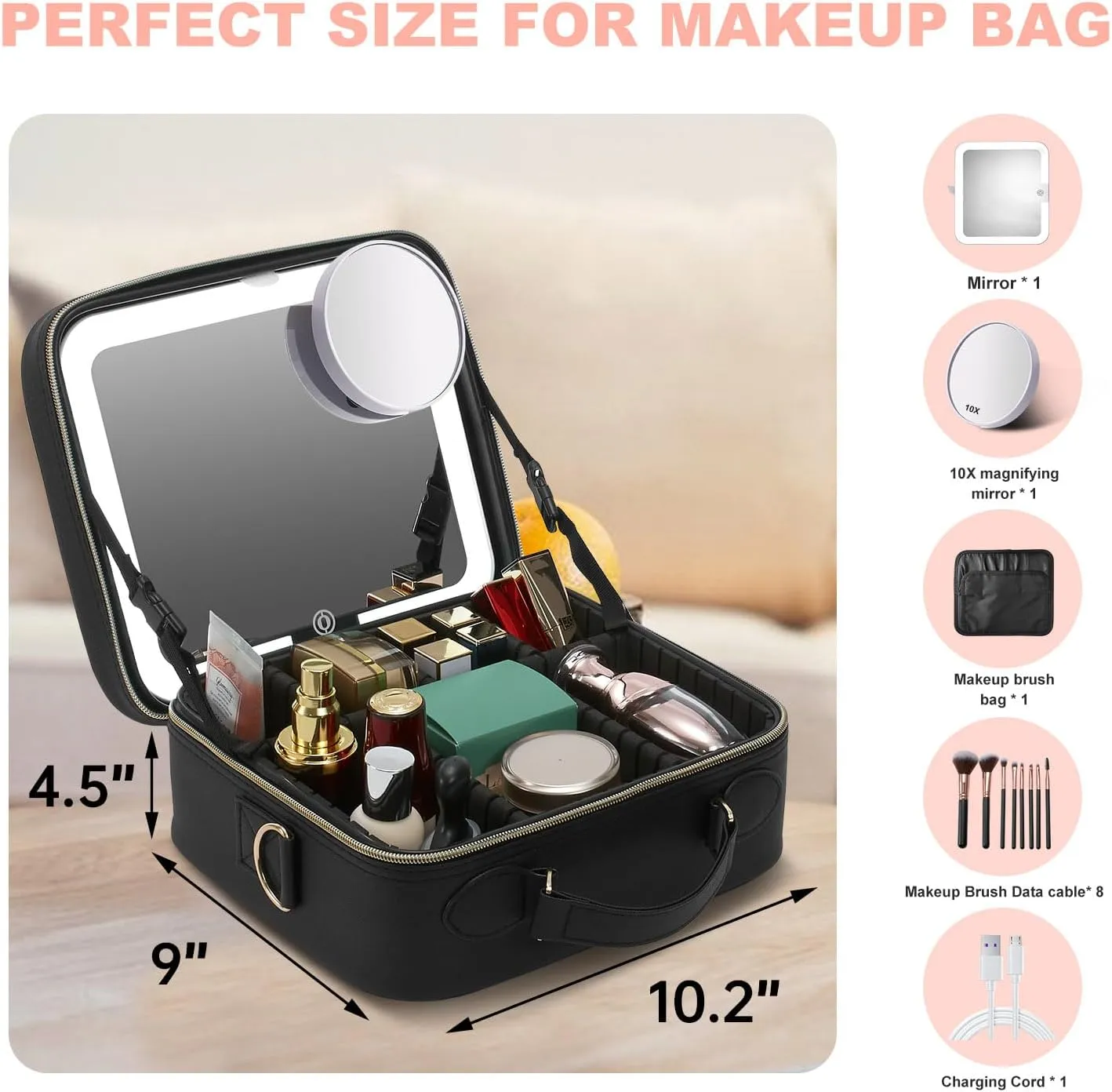 Mocado Travel Makeup Bag with LED Lighted Mirror,Travel Makeup Organizer, Makeup Case with 8 Makeup Brushes and 10x Magnifying Mirror, 3 Color Lighting, Adjustable Divider Makeup Box(Black Lozenge)