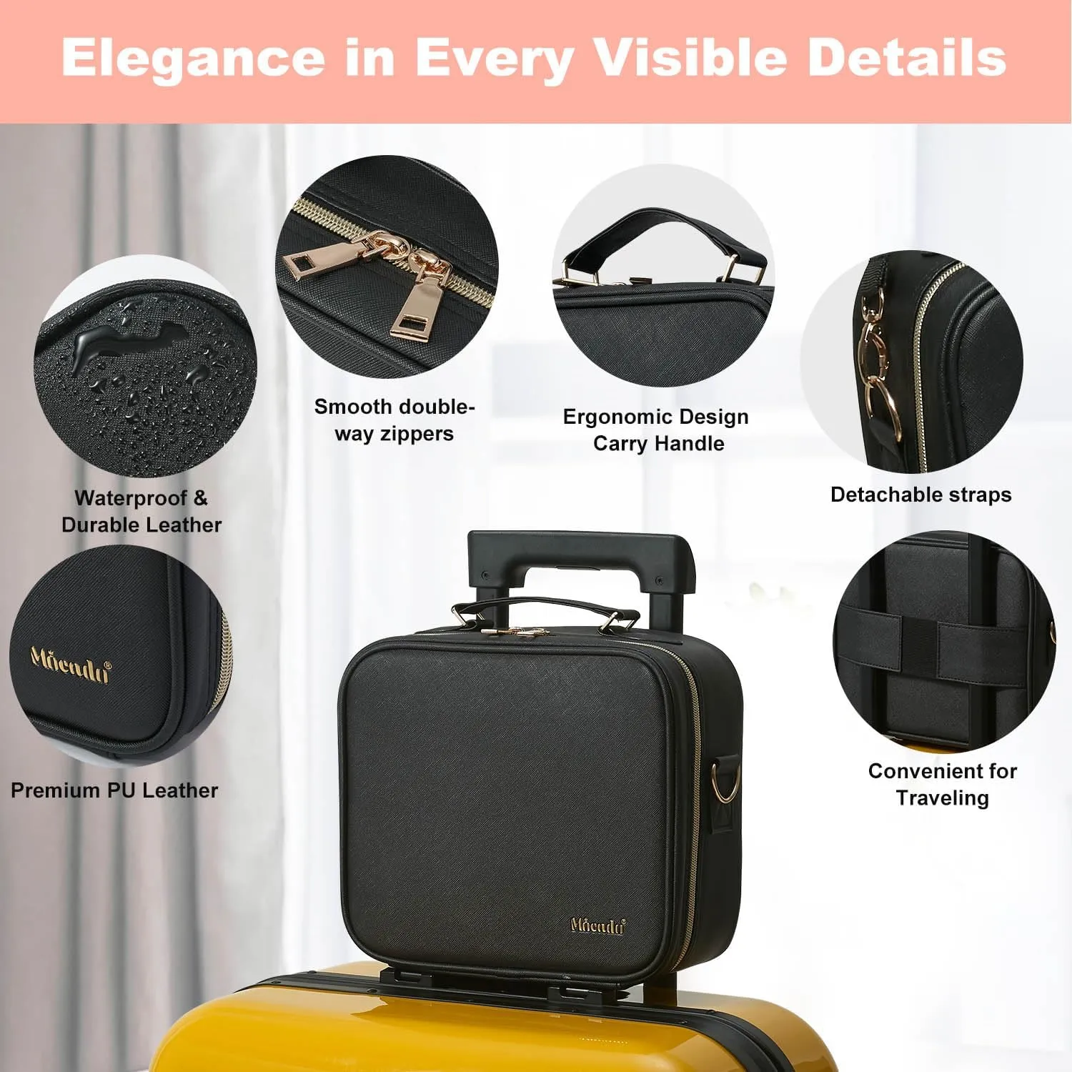 Mocado Travel Makeup Bag with LED Lighted Mirror,Travel Makeup Organizer,Makeup Case with 8 Makeup Brushes and 10x Magnifying Mirror,3 Colors Lighting, Adjustable Dividers Makeup Box(Black)