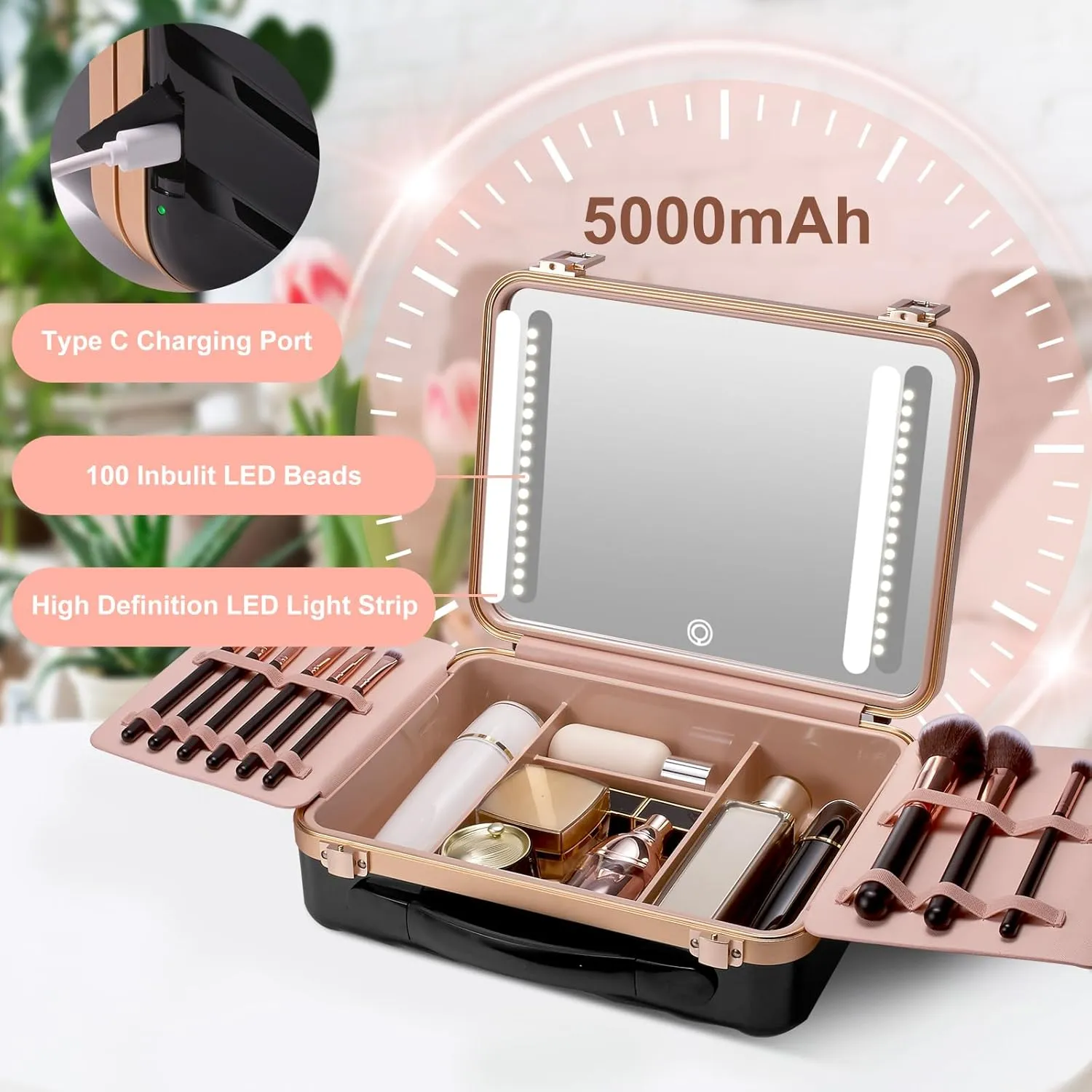 Mocado Travel Makeup Case with Lighted Mirror, Makeup Box with 8 Makeup Brushes and 10x Magnifying Mirror,Cosmetic Case Adjustable Brightness Makeup Train Case with Makeup Brushes Divider(Black)