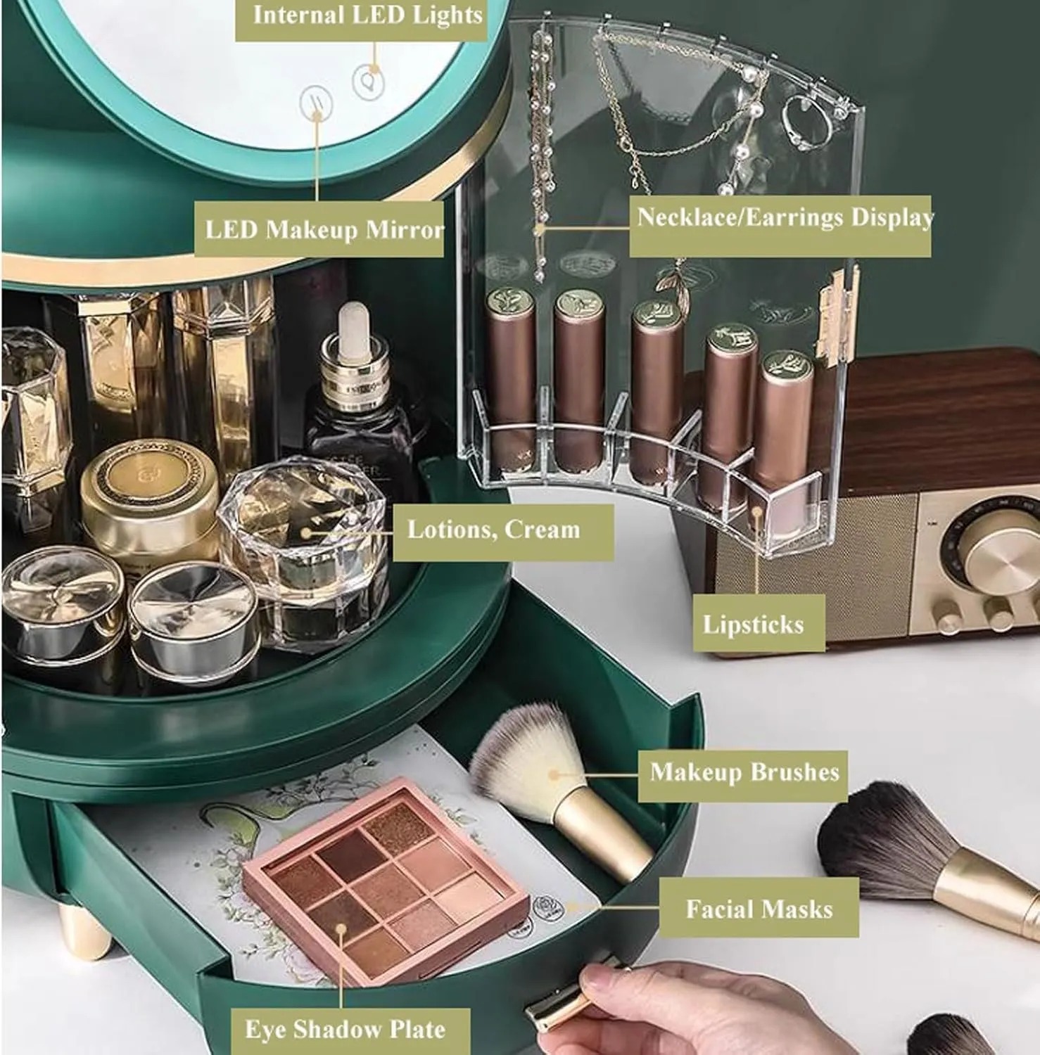 Modern LED Lighted Mirror Makeup Organizer Stand for Bathroom, Dresser, and Vanity Countertop -Organizers and Storage Solution with Room Decor Aesthetic Vibe by KME (cylinder)