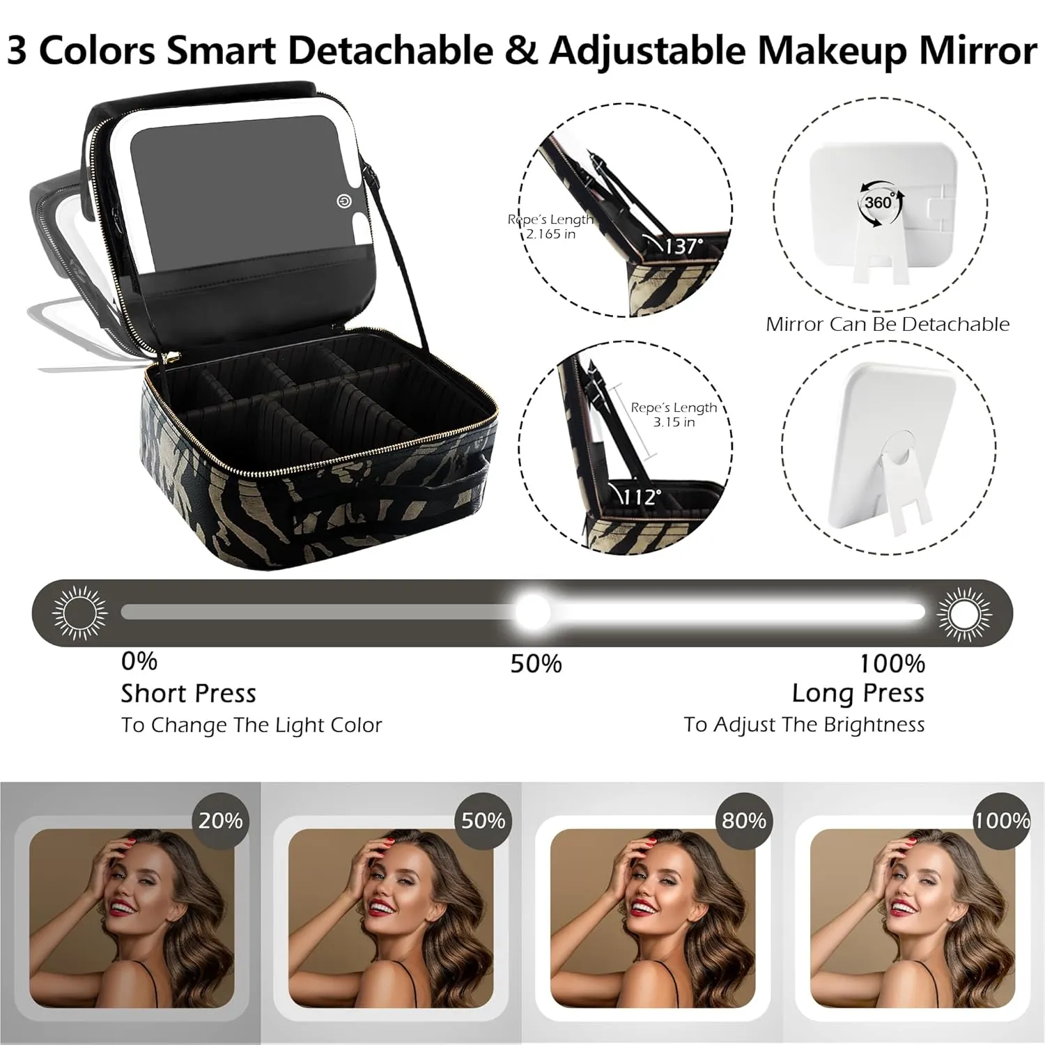 MOMIRA Travel Makeup Bag Cosmetic Bag with Lighted Mirror, Adjustable Brightness in 3 Color Scenarios, Waterproof, 10x Magnifying Mirror, Rotatable Independent Light Mirror- Zebra-Beige