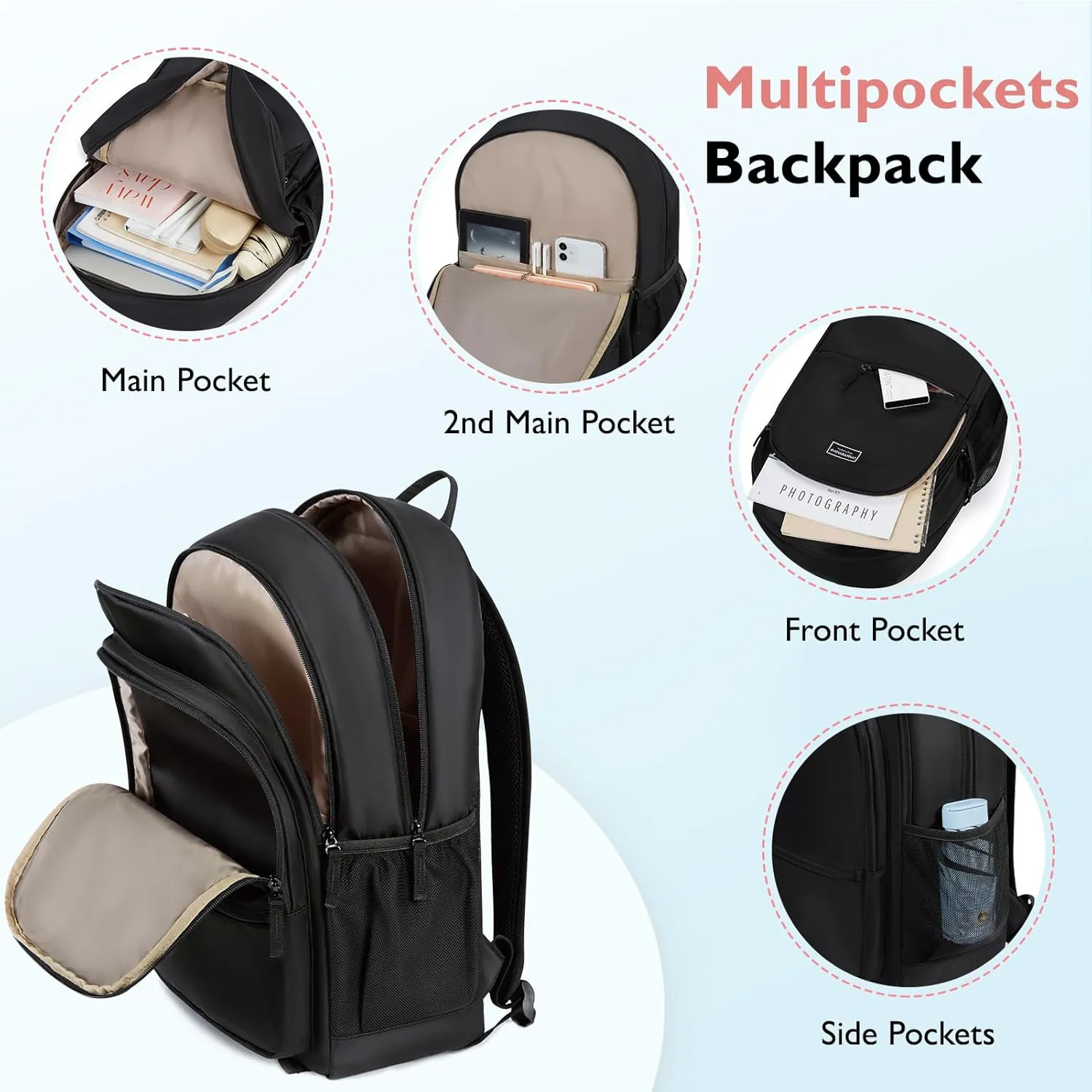 mommore School Backpack 3 Large Compartments Work Bookbag Water Resistant Lightweight Backpacks Casual Travel Backpack