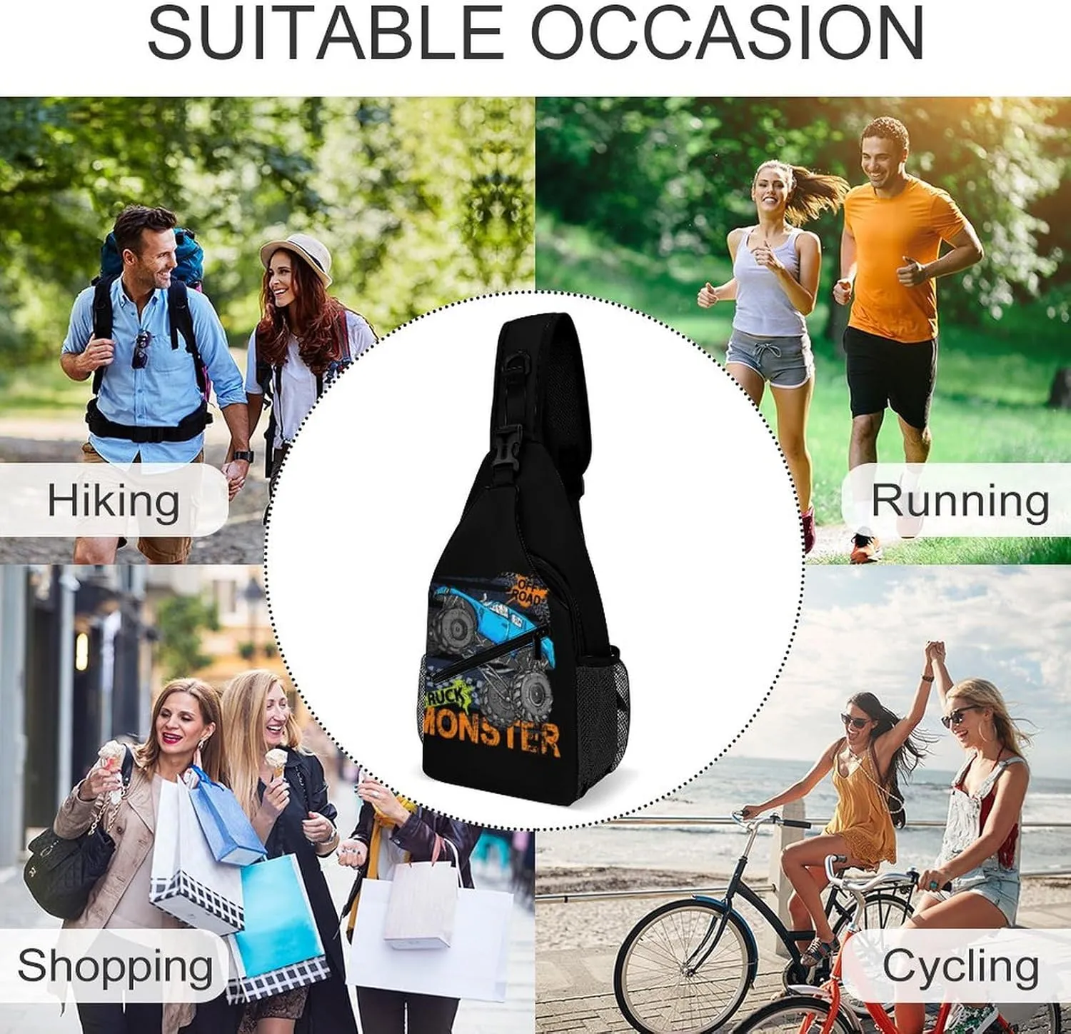 Monster Truck Cars Sling Backpack Mans Women Crossbody Backpack Chest Bag Gym Daypack Shoulder Bag Casual Daypacks Sports Backpacks