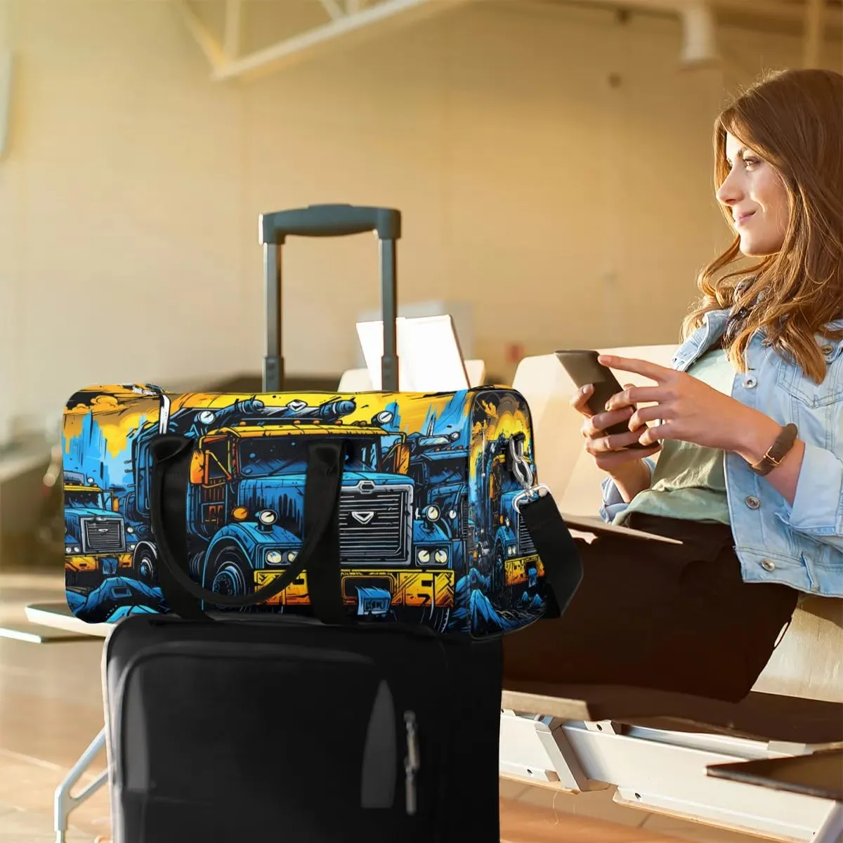 Monster Truck Travel Duffel Bag for Women Men Waterproof Foldable Overnight Weekender Bag Large Capacity Sports Gym Bag
