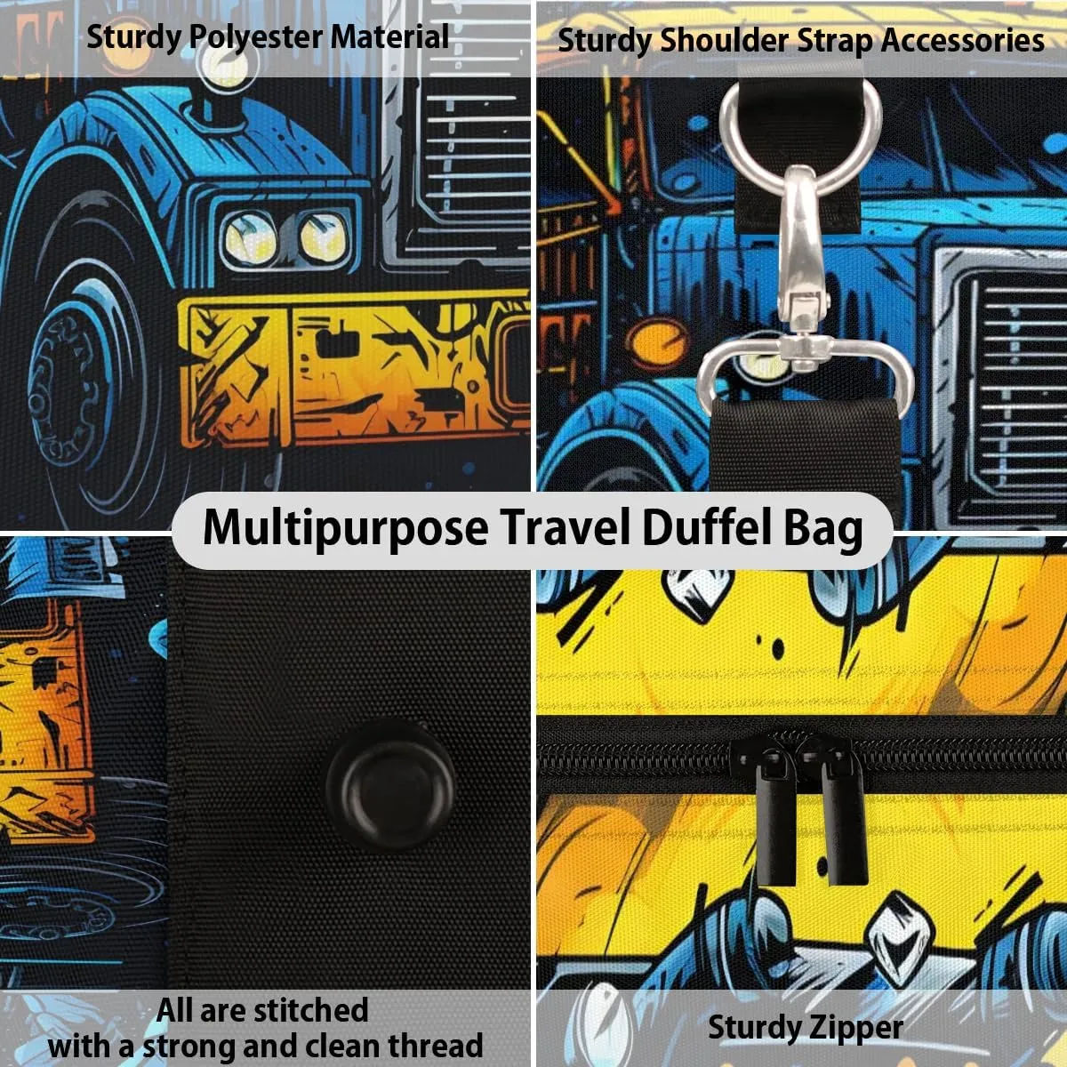 Monster Truck Travel Duffel Bag for Women Men Waterproof Foldable Overnight Weekender Bag Large Capacity Sports Gym Bag