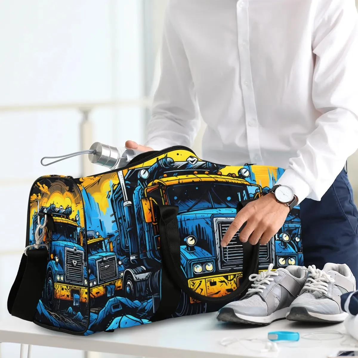 Monster Truck Travel Duffel Bag for Women Men Waterproof Foldable Overnight Weekender Bag Large Capacity Sports Gym Bag