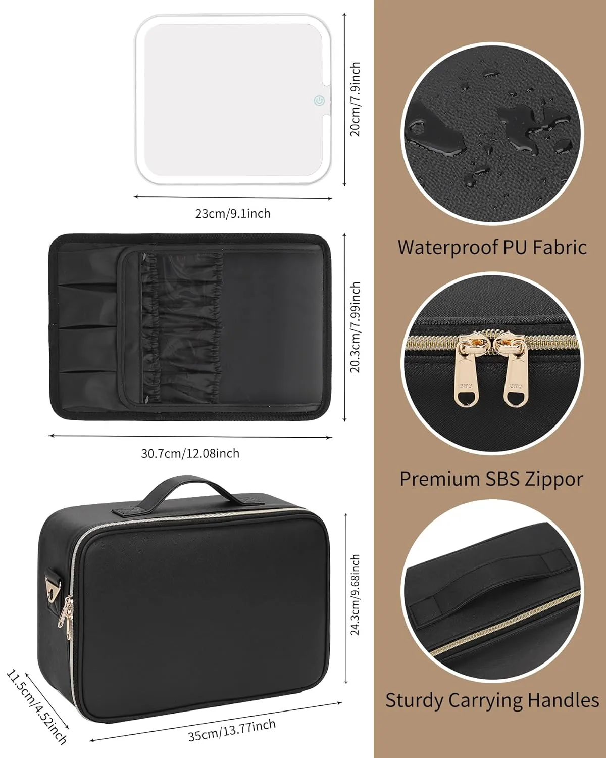 MONSTINA Makeup Bag with LED Mirror,Makeup Case with Lighted Mirror Professional Makeup Artist Organizer Travel Bag with Adjustable Dividers,3 Light Brightness,Black