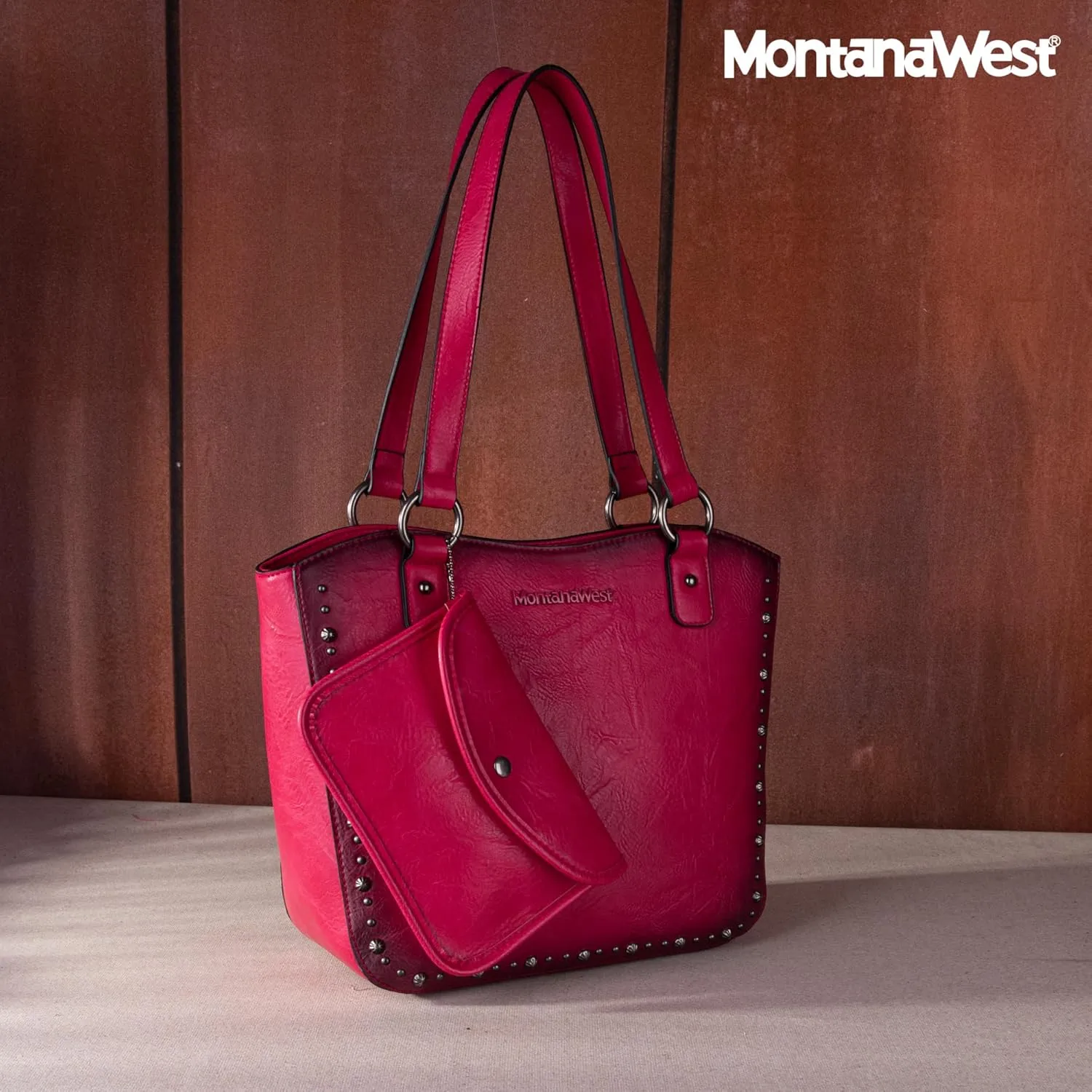 Montana West Western Tooling Tote Bag with Wallet Set for Women Vintage Studded Top Handle Shoulder Handbag