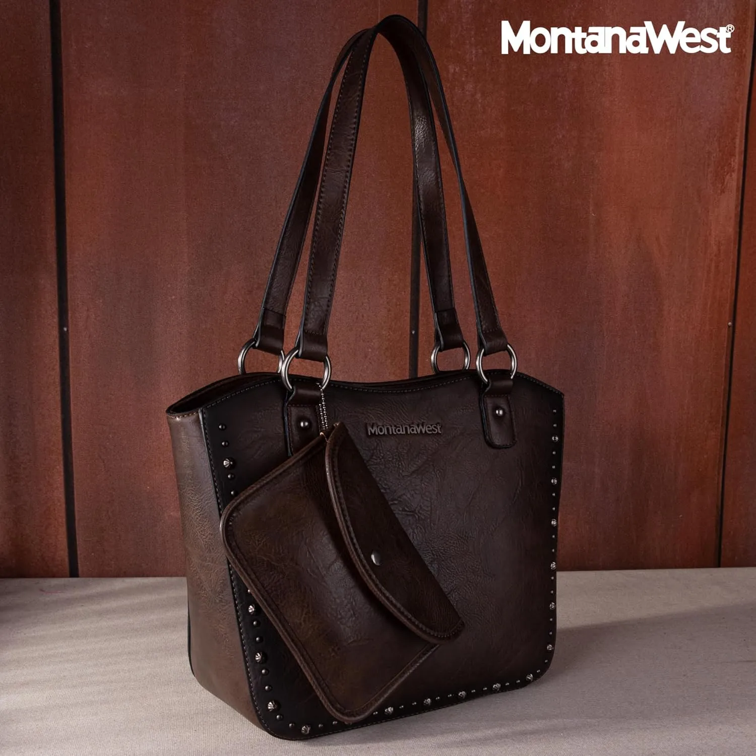 Montana West Western Tooling Tote Bag with Wallet Set for Women Vintage Studded Top Handle Shoulder Handbag