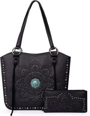 Montana West Western Tooling Tote Bag with Wallet Set for Women Vintage Studded Top Handle Shoulder Handbag